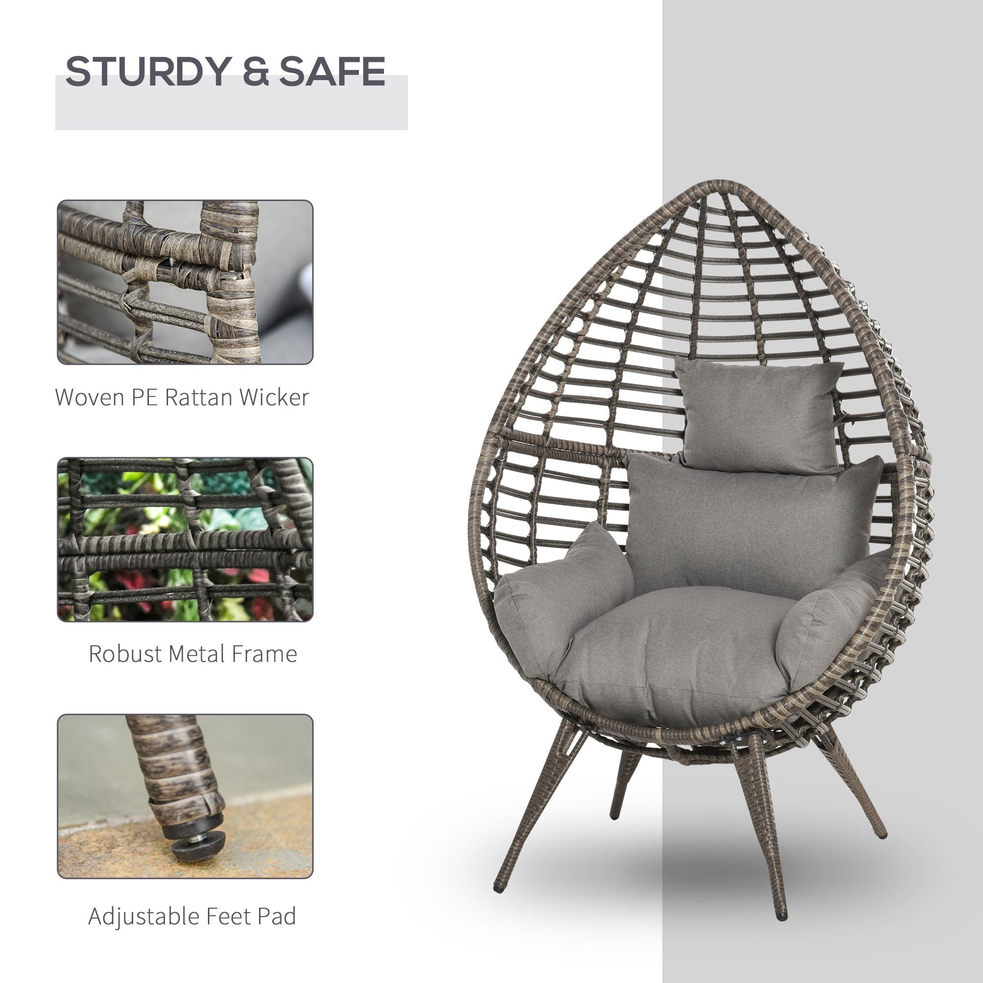 Outsunny Standing Rattan Chair with Trapezoidal Cushion, 352lbs Capacity Egg Chair, Outdoor/Indoor Wicker Lounge Chair for Backyard Garden Balcony Lawn Living Room, Light Grey