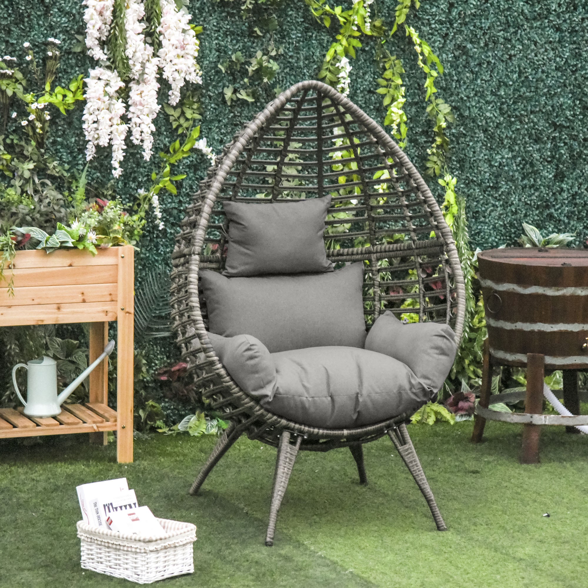 Outsunny Standing Rattan Chair with Trapezoidal Cushion, 352lbs Capacity Egg Chair, Outdoor/Indoor Wicker Lounge Chair for Backyard Garden Balcony Lawn Living Room, Light Grey
