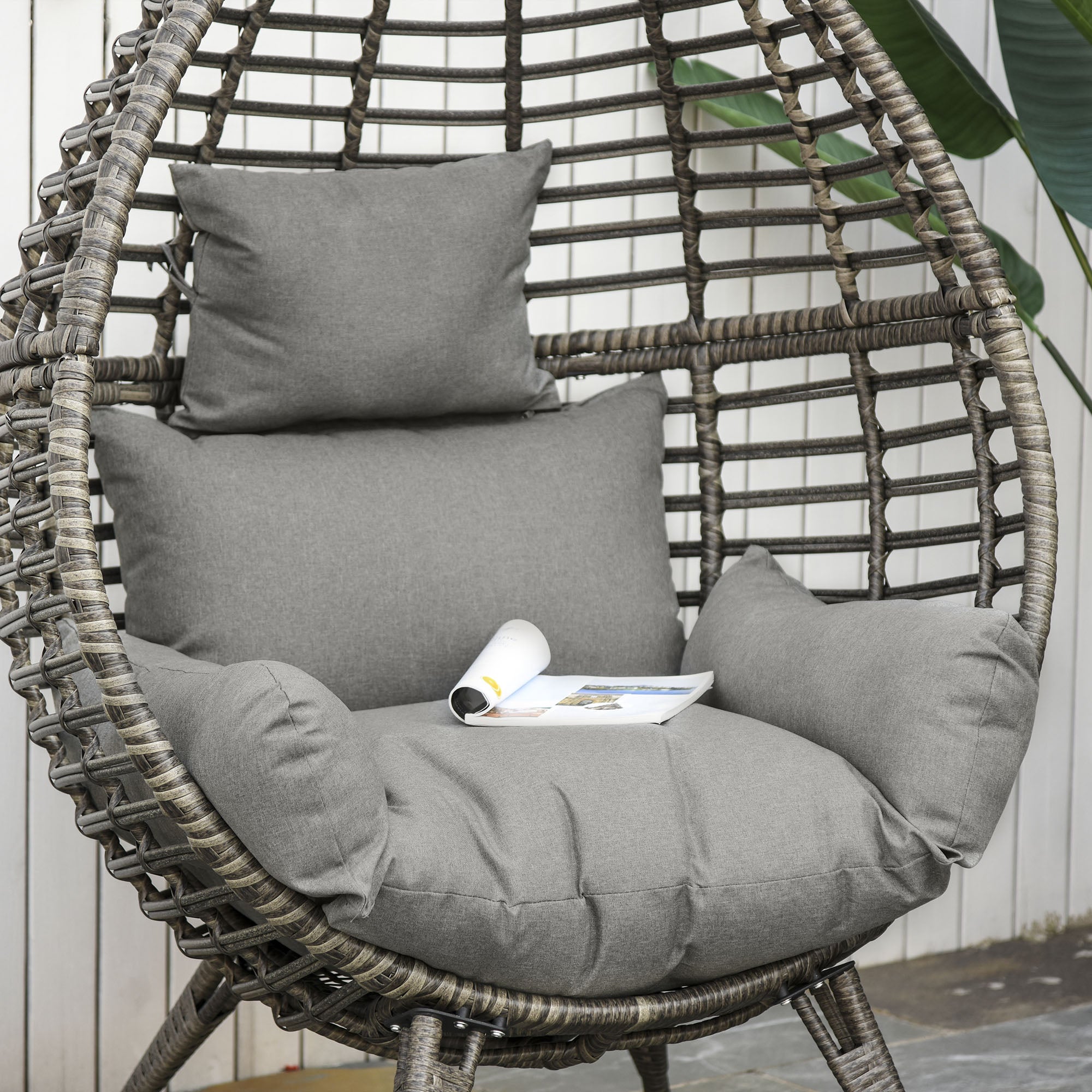 Outsunny Standing Rattan Chair with Trapezoidal Cushion, 352lbs Capacity Egg Chair, Outdoor/Indoor Wicker Lounge Chair for Backyard Garden Balcony Lawn Living Room, Light Grey