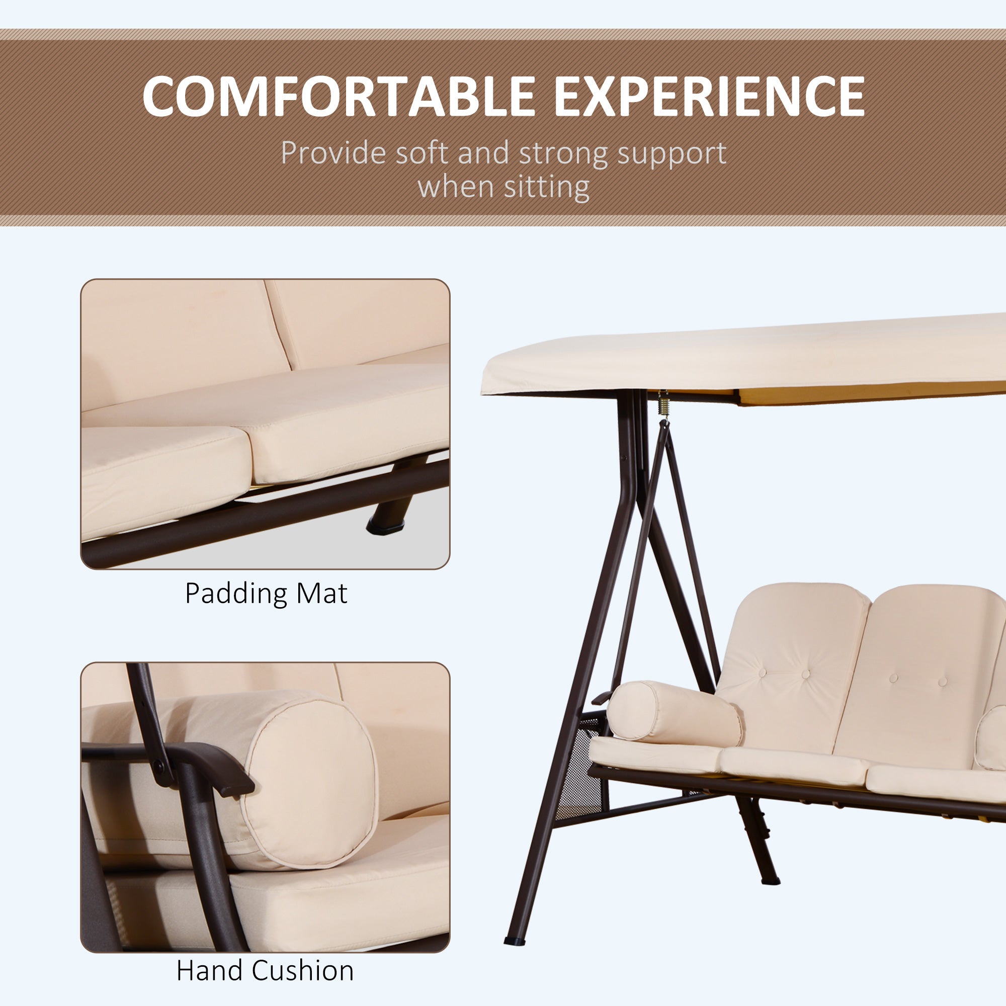 Outsunny 3 Seater Porch Swing Heavy Duty Outdoor Swing Chair Outdoor Lounge Hammock Cushioned Seat w/ Tilt Canopy, Beige