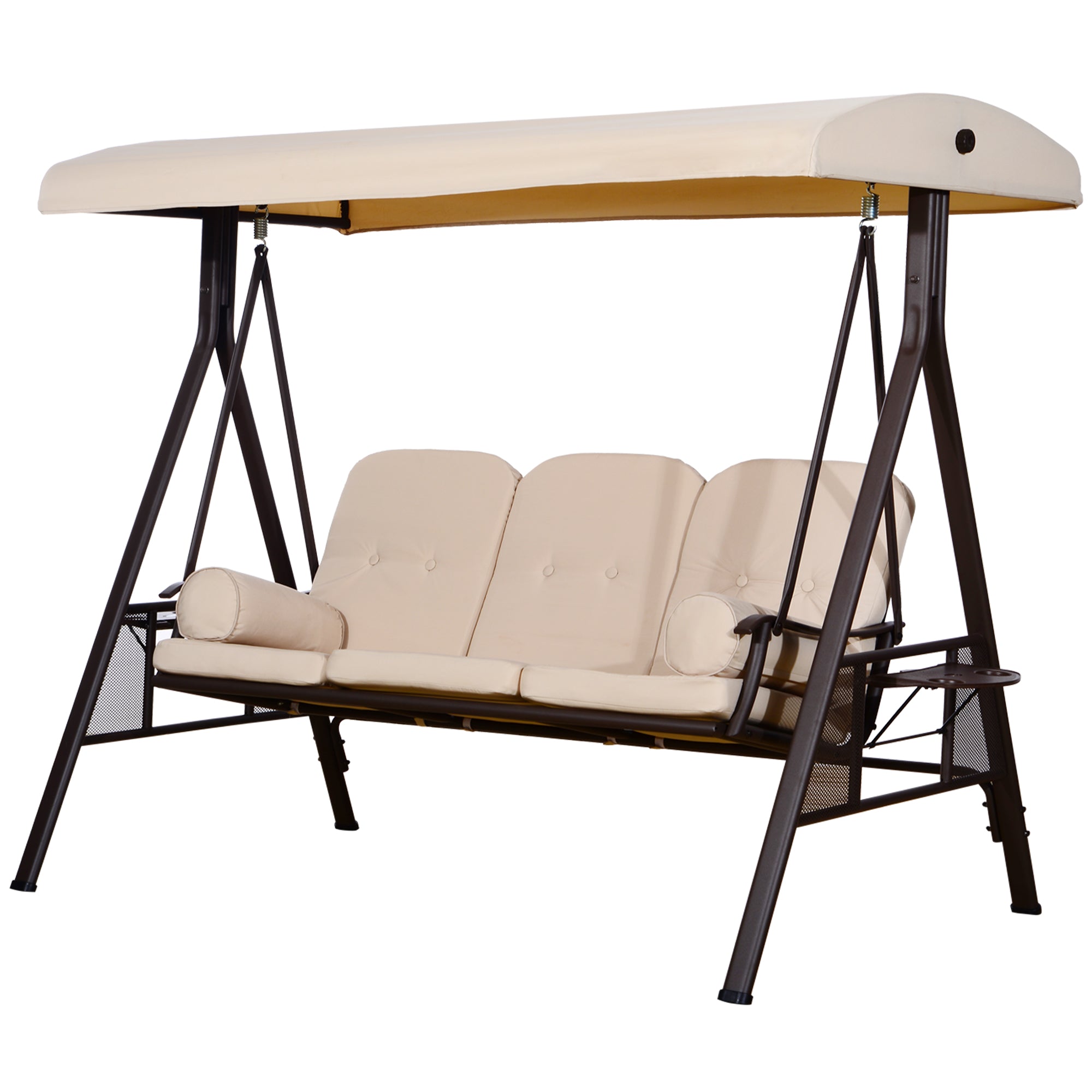 Outsunny 3 Seater Porch Swing Heavy Duty Outdoor Swing Chair Outdoor Lounge Hammock Cushioned Seat w/ Tilt Canopy, Beige