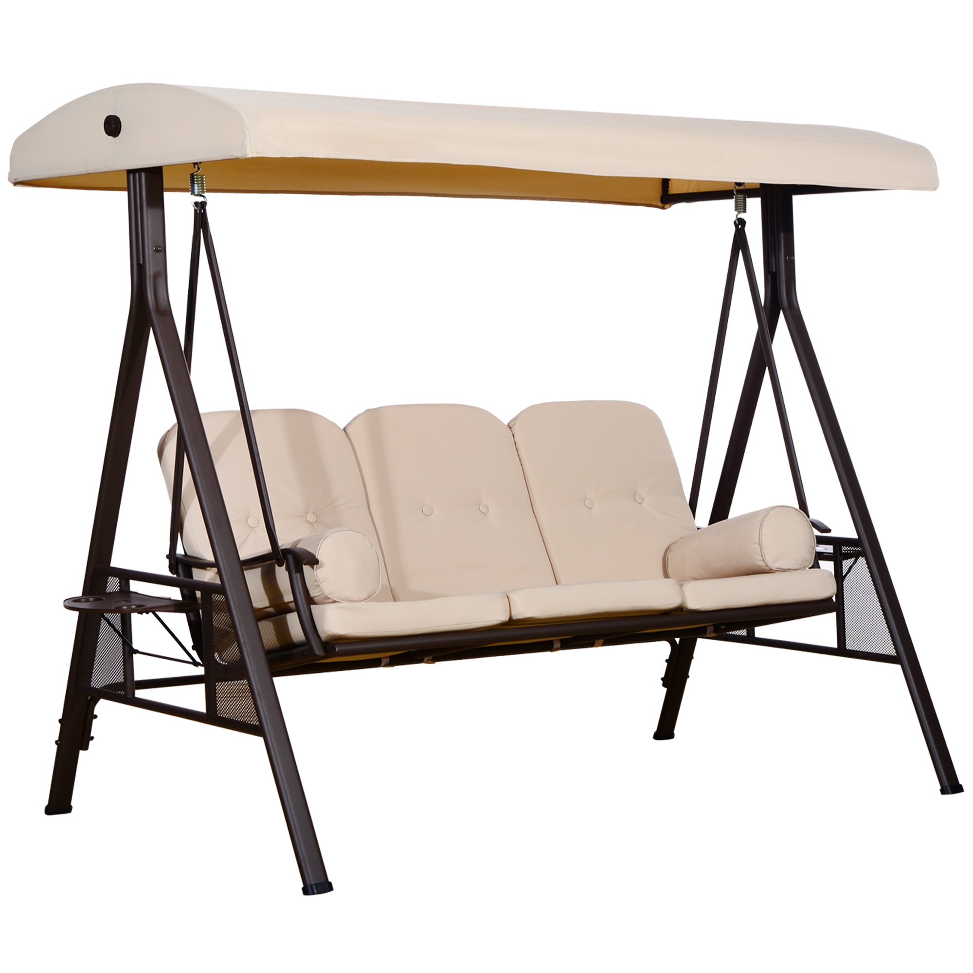 Outsunny 3 Seater Porch Swing Heavy Duty Outdoor Swing Chair Outdoor Lounge Hammock Cushioned Seat w/ Tilt Canopy, Beige