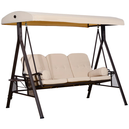 Outsunny 3 Seater Porch Swing Heavy Duty Outdoor Swing Chair Outdoor Lounge Hammock Cushioned Seat w/ Tilt Canopy, Beige