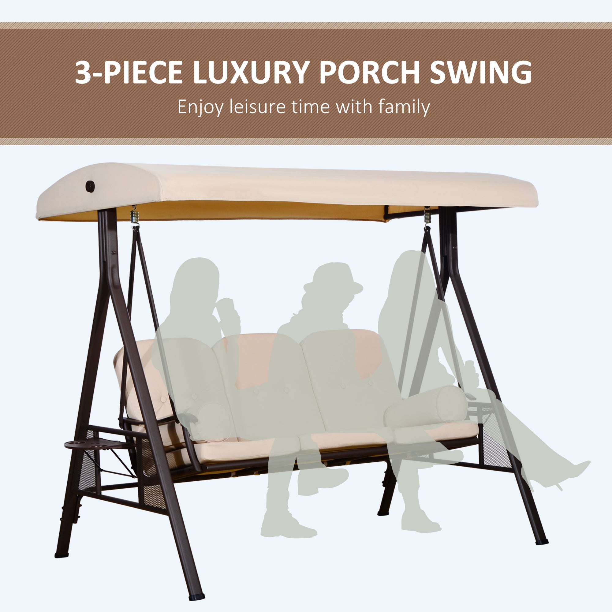 Outsunny 3 Seater Porch Swing Heavy Duty Outdoor Swing Chair Outdoor Lounge Hammock Cushioned Seat w/ Tilt Canopy, Beige