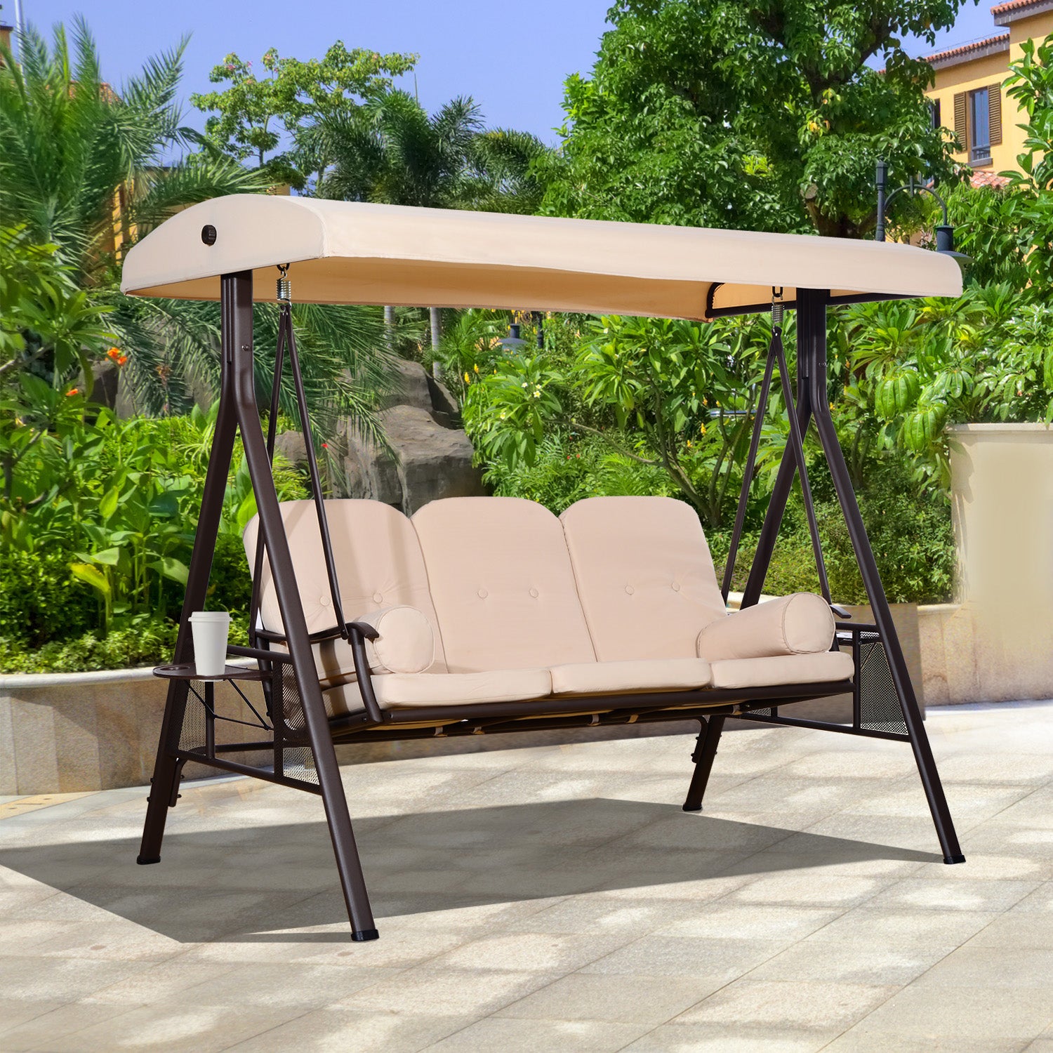 Outsunny 3 Seater Porch Swing Heavy Duty Outdoor Swing Chair Outdoor Lounge Hammock Cushioned Seat w/ Tilt Canopy, Beige