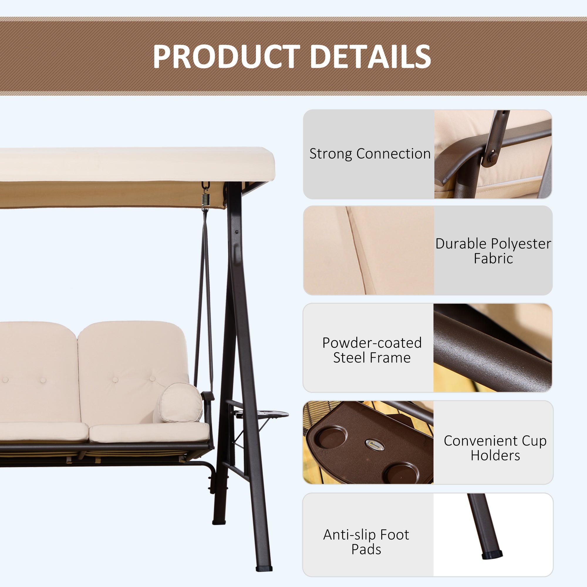 Outsunny 3 Seater Porch Swing Heavy Duty Outdoor Swing Chair Outdoor Lounge Hammock Cushioned Seat w/ Tilt Canopy, Beige