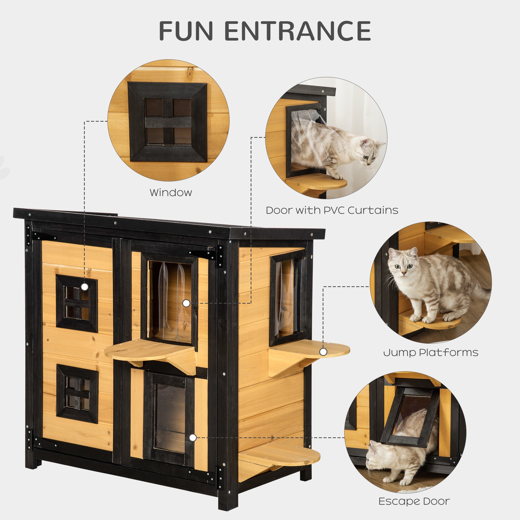 PawHut 2-Tier Cat House, Outdoor Feral Cat Shelter, with Weather Resistant Roof, Escape Door, PVC Curtain, Glass Window, Yellow