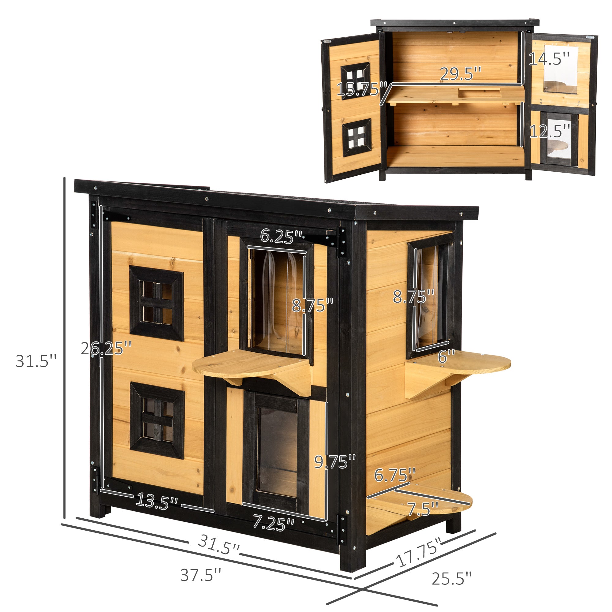 PawHut 2-Tier Cat House, Outdoor Feral Cat Shelter, with Weather Resistant Roof, Escape Door, PVC Curtain, Glass Window, Yellow