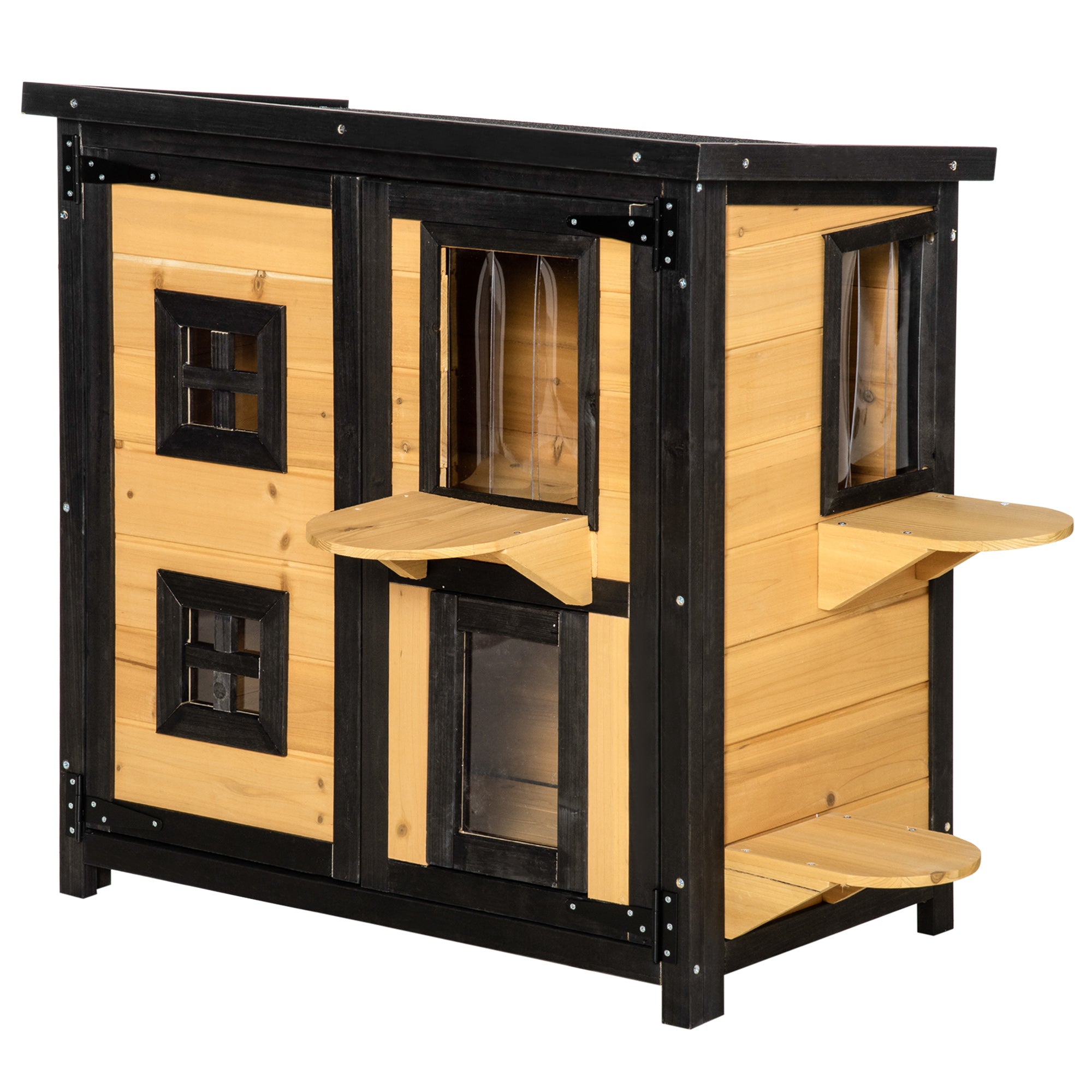 PawHut 2-Tier Cat House, Outdoor Feral Cat Shelter, with Weather Resistant Roof, Escape Door, PVC Curtain, Glass Window, Yellow