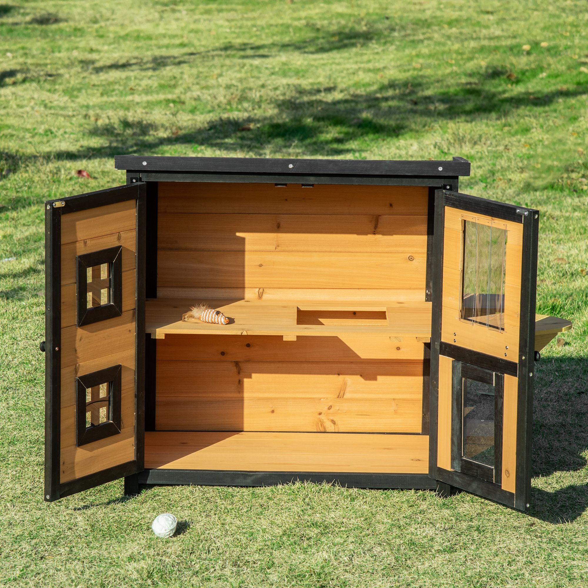PawHut 2-Tier Cat House, Outdoor Feral Cat Shelter, with Weather Resistant Roof, Escape Door, PVC Curtain, Glass Window, Yellow