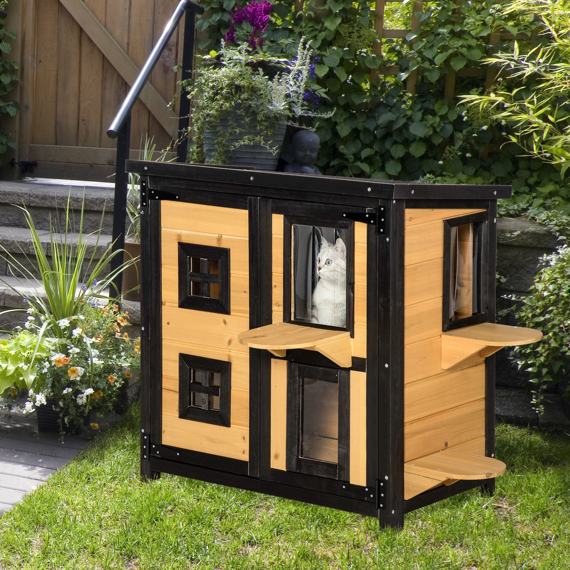 PawHut 2-Tier Cat House, Outdoor Feral Cat Shelter, with Weather Resistant Roof, Escape Door, PVC Curtain, Glass Window, Yellow