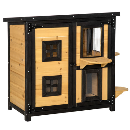 PawHut 2-Tier Cat House, Outdoor Feral Cat Shelter, with Weather Resistant Roof, Escape Door, PVC Curtain, Glass Window, Yellow