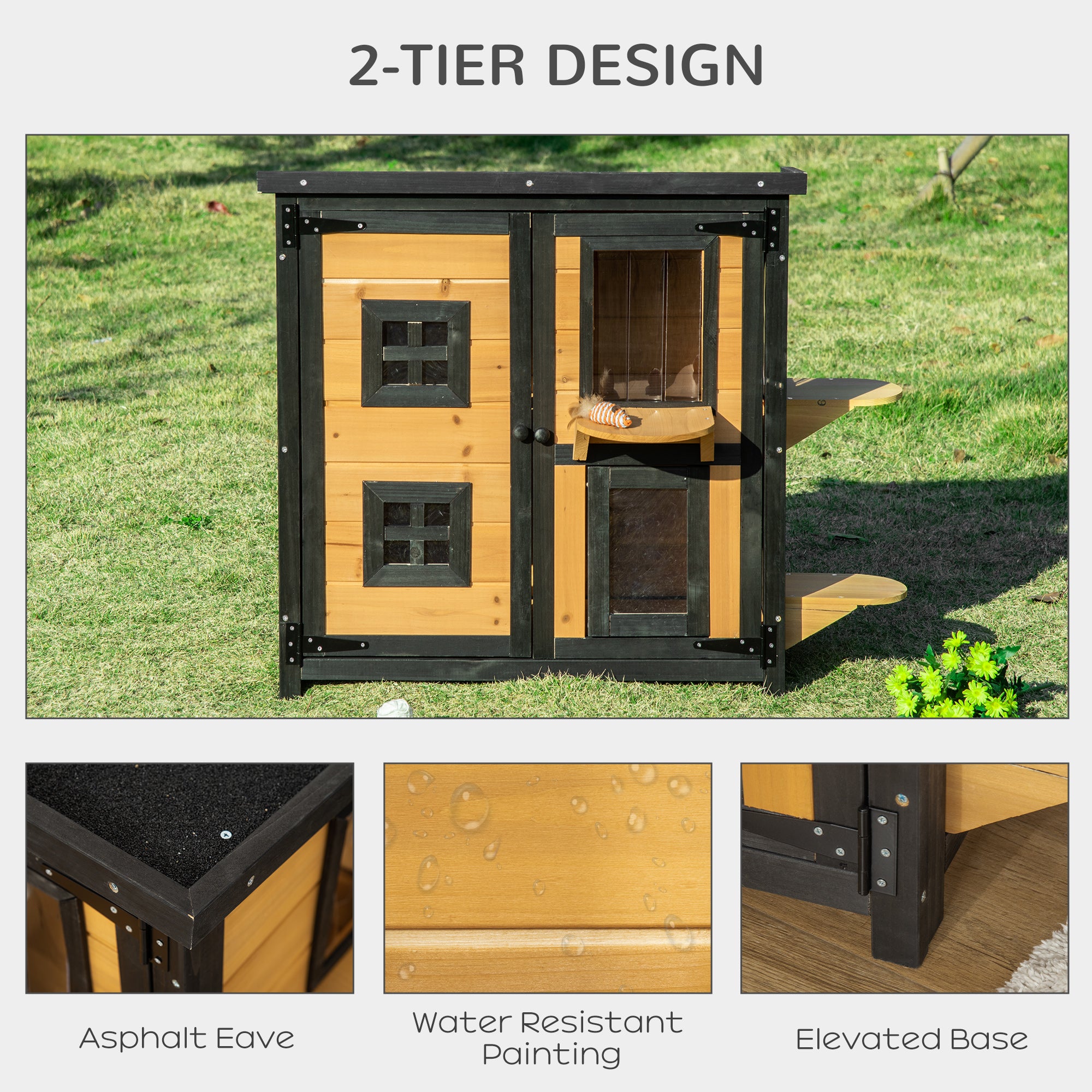 PawHut 2-Tier Cat House, Outdoor Feral Cat Shelter, with Weather Resistant Roof, Escape Door, PVC Curtain, Glass Window, Yellow