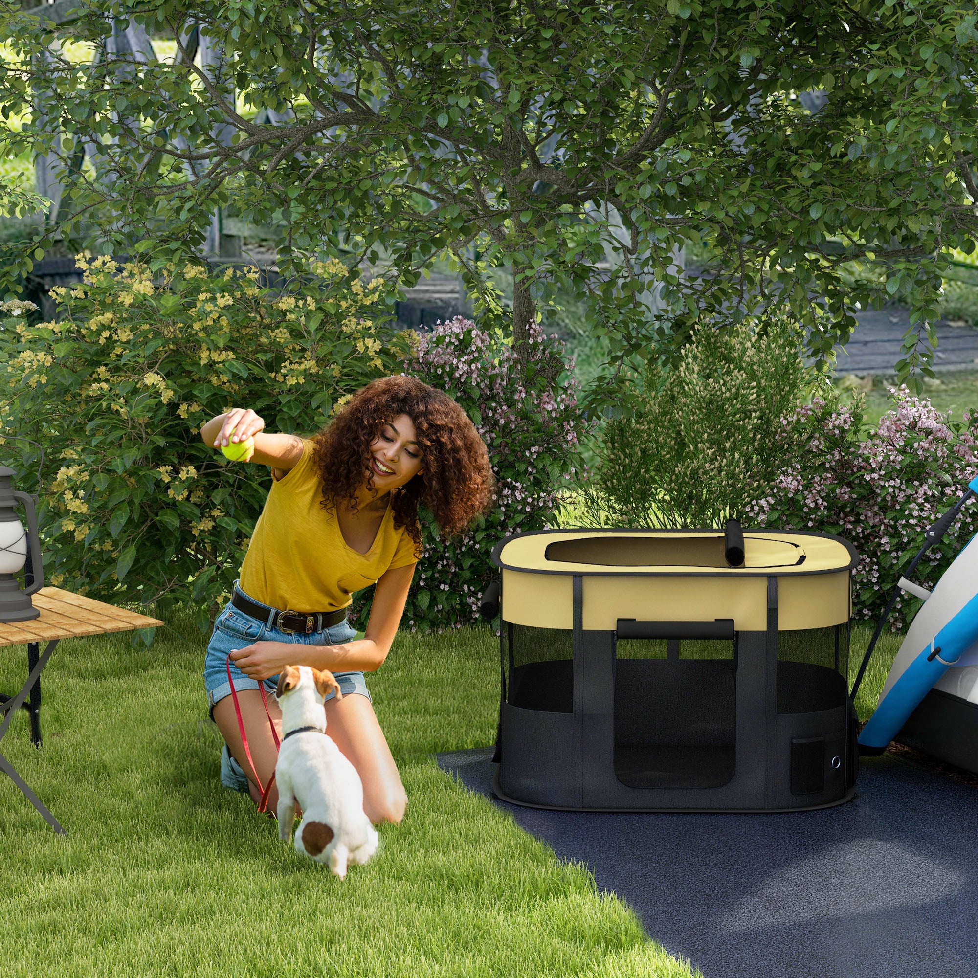 PawHut Dog Pen, Pet Playpen, Portable Foldable Dog Cat Playpen Soft Dog Cage with Storage Bag for Puppies, Rabbits, Kittens, Guinea Pigs, 94 x 74 x 60cm - Yellow