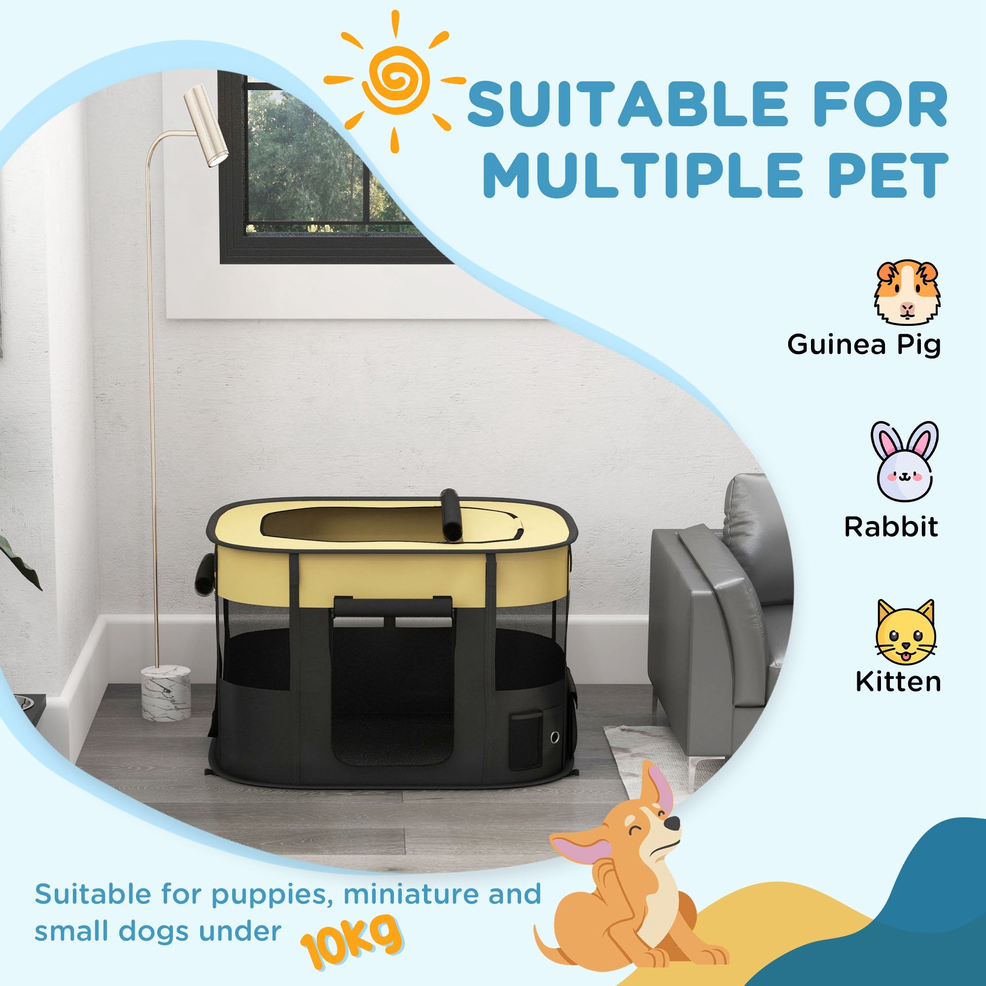 PawHut Dog Pen, Pet Playpen, Portable Foldable Dog Cat Playpen Soft Dog Cage with Storage Bag for Puppies, Rabbits, Kittens, Guinea Pigs, 94 x 74 x 60cm - Yellow