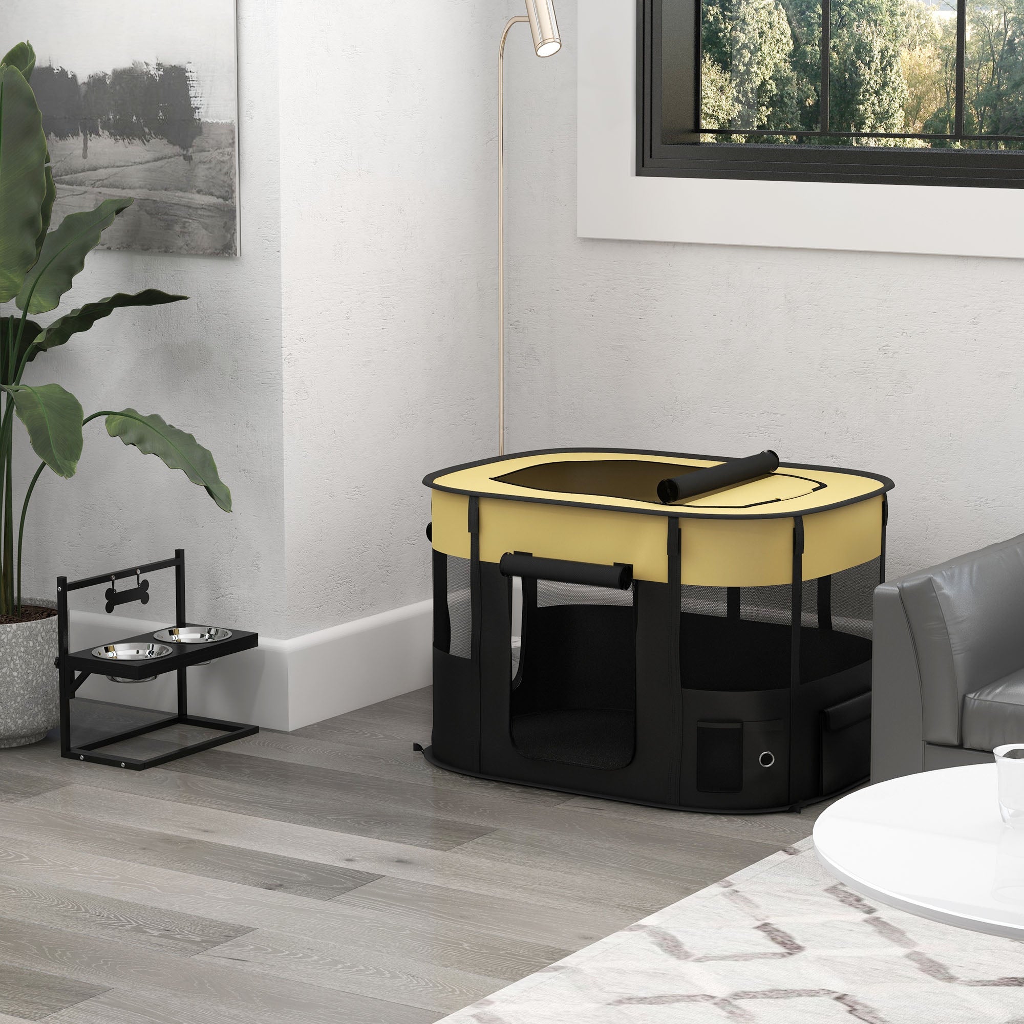 PawHut Dog Pen, Pet Playpen, Portable Foldable Dog Cat Playpen Soft Dog Cage with Storage Bag for Puppies, Rabbits, Kittens, Guinea Pigs, 94 x 74 x 60cm - Yellow