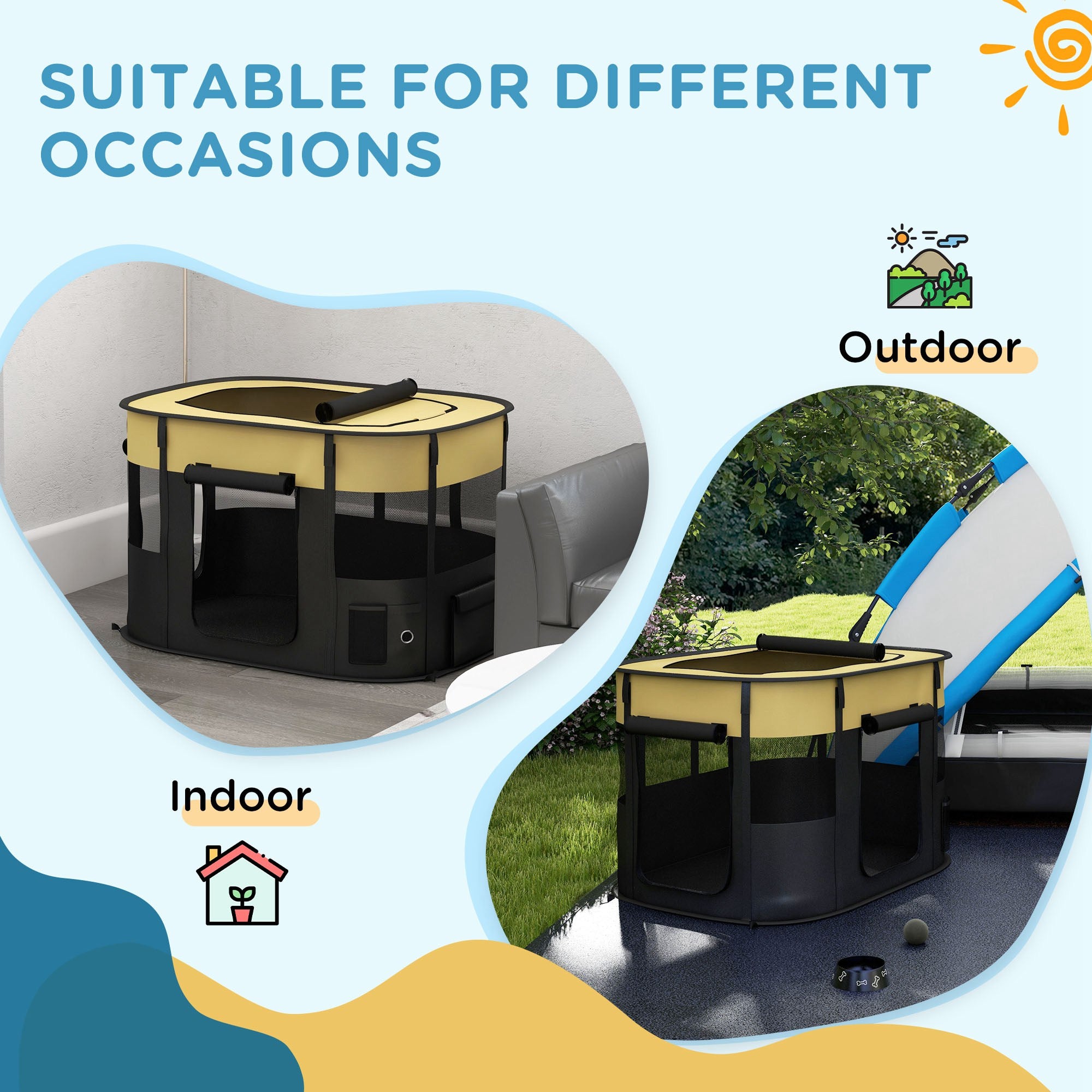 PawHut Dog Pen, Pet Playpen, Portable Foldable Dog Cat Playpen Soft Dog Cage with Storage Bag for Puppies, Rabbits, Kittens, Guinea Pigs, 94 x 74 x 60cm - Yellow