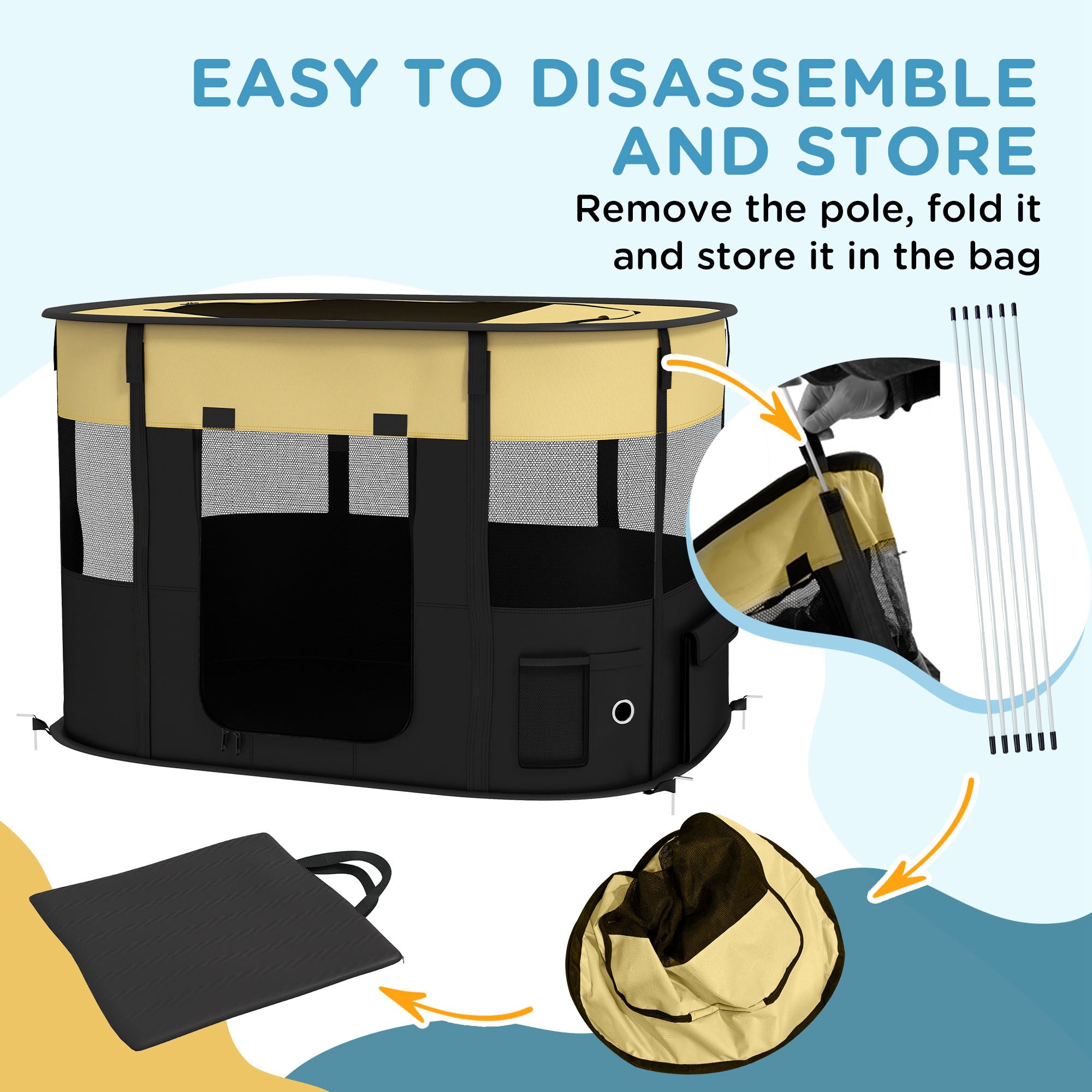 PawHut Dog Pen, Pet Playpen, Portable Foldable Dog Cat Playpen Soft Dog Cage with Storage Bag for Puppies, Rabbits, Kittens, Guinea Pigs, 94 x 74 x 60cm - Yellow