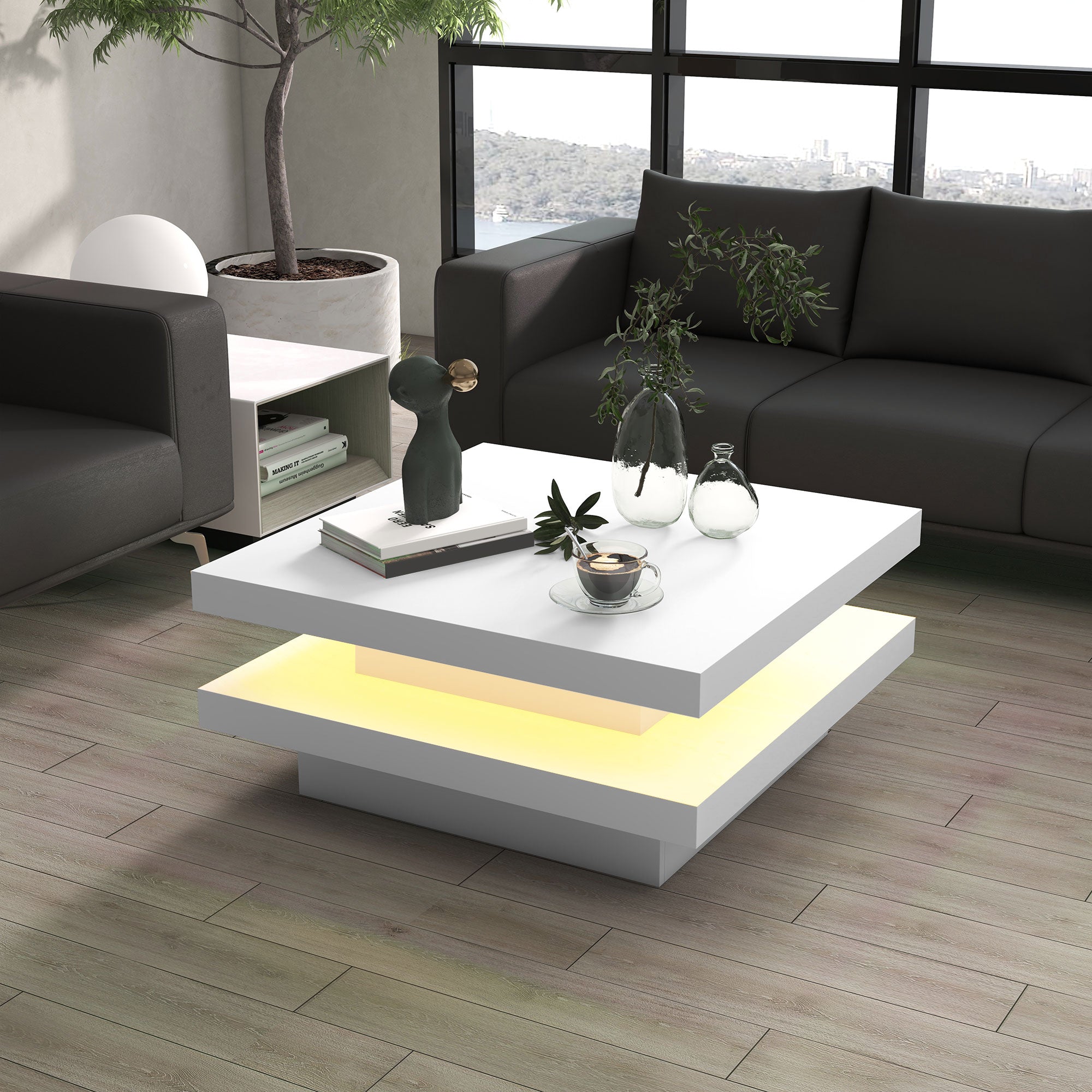 HOMCOM LED Coffee Table, 2-Tier Modern Square Center Table with 7 LED Lights and Remote Control for Living Room, White