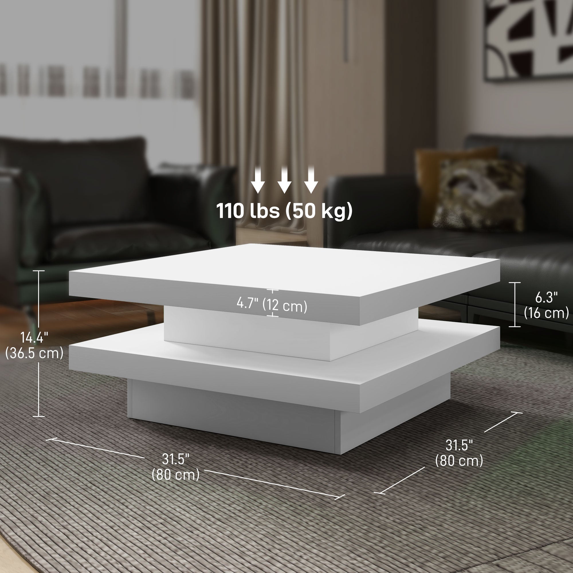 HOMCOM LED Coffee Table, 2-Tier Modern Square Center Table with 7 LED Lights and Remote Control for Living Room, White