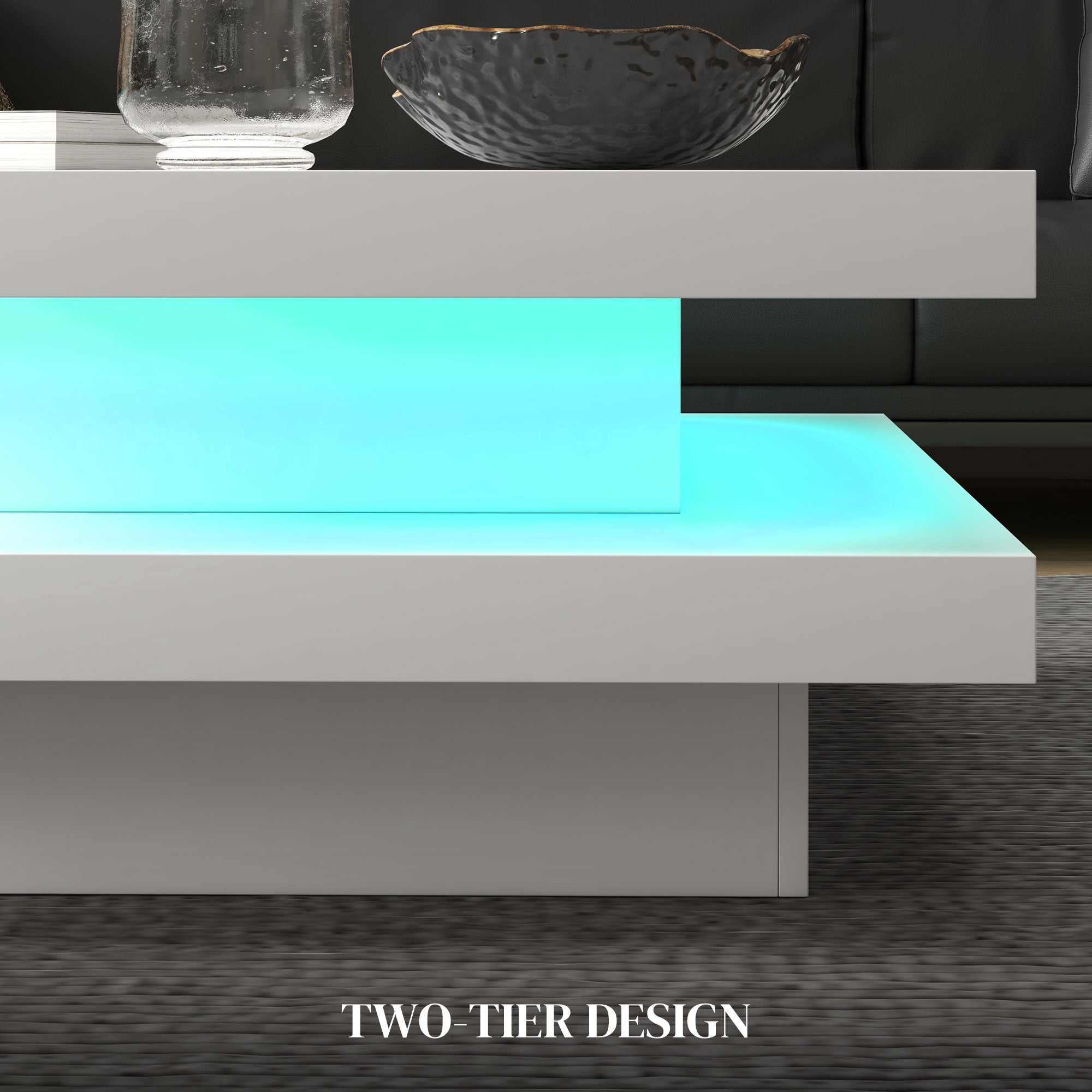 HOMCOM LED Coffee Table, 2-Tier Modern Square Center Table with 7 LED Lights and Remote Control for Living Room, White