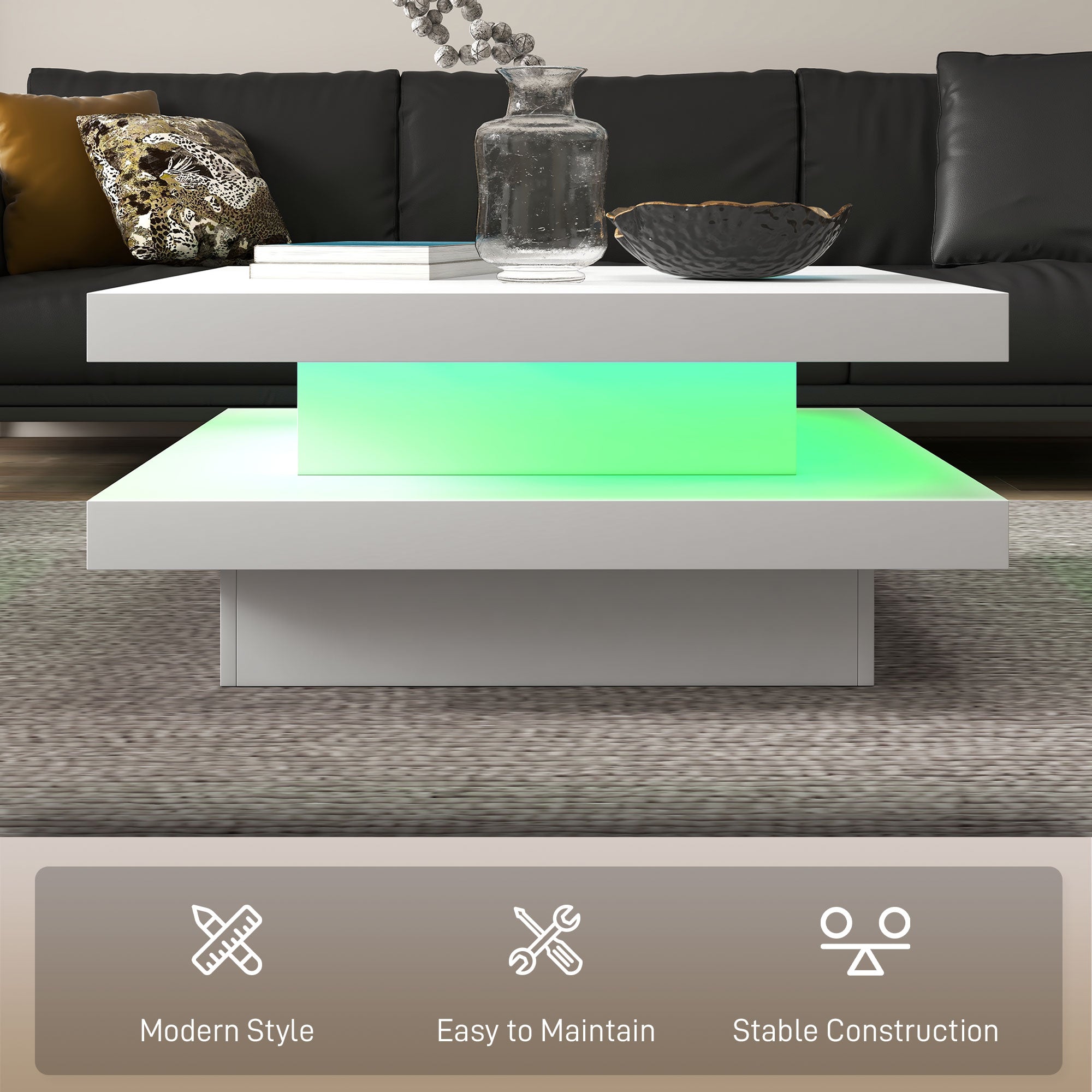 HOMCOM LED Coffee Table, 2-Tier Modern Square Center Table with 7 LED Lights and Remote Control for Living Room, White