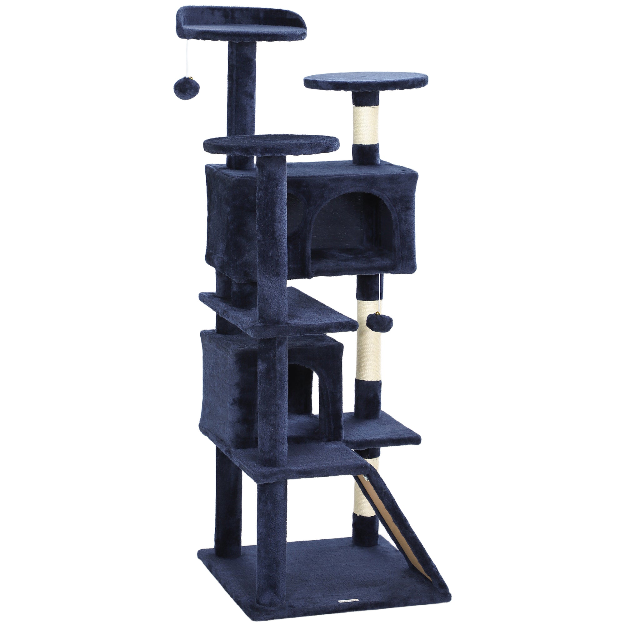 PawHut 54" Cat Tree, Cat Tower for Indoor Cats with Scratching Posts, Cat Condos, Bed, Platforms, Ramp, Toy Ball, Cat Activity Center, Dark Blue