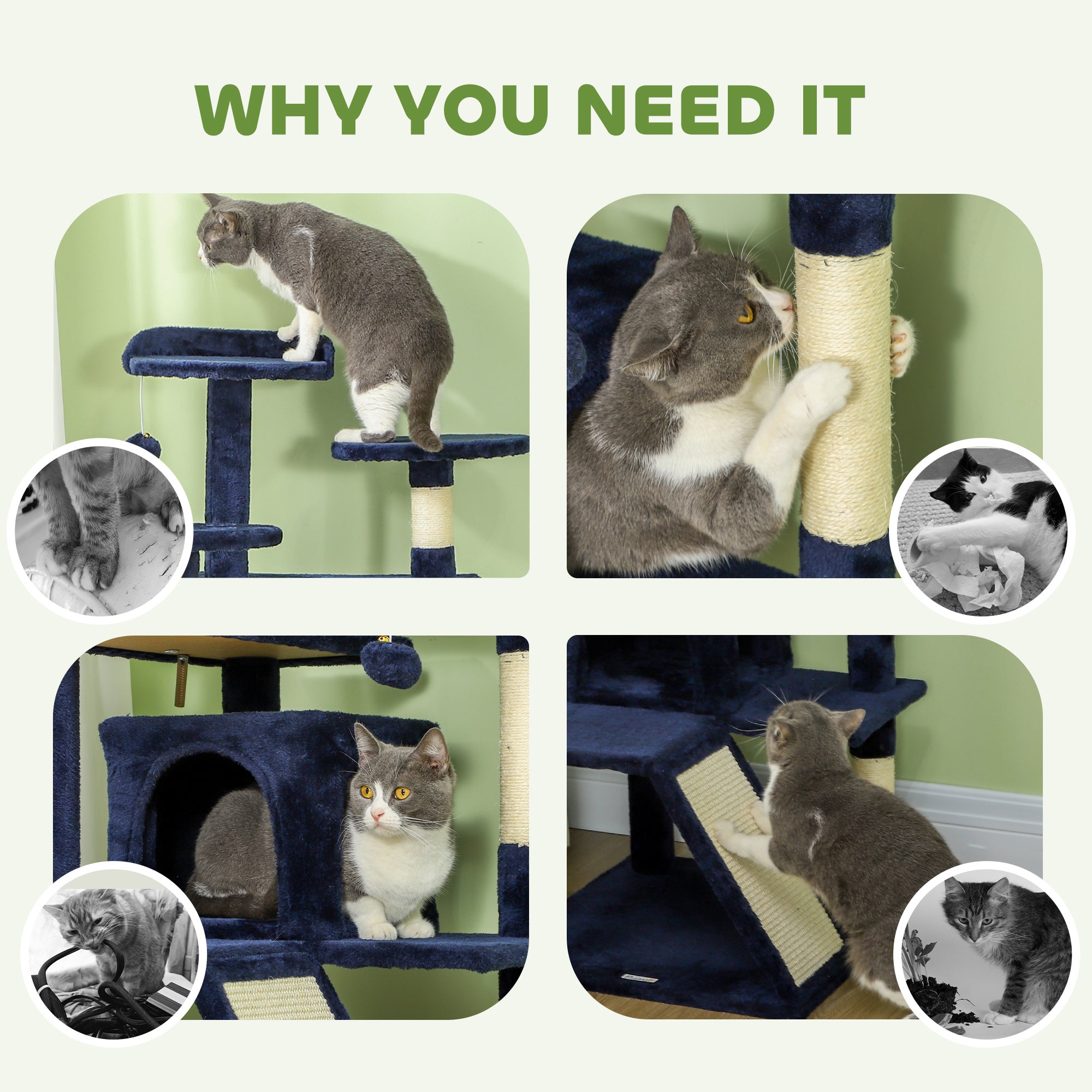 PawHut 54" Cat Tree, Cat Tower for Indoor Cats with Scratching Posts, Cat Condos, Bed, Platforms, Ramp, Toy Ball, Cat Activity Center, Dark Blue