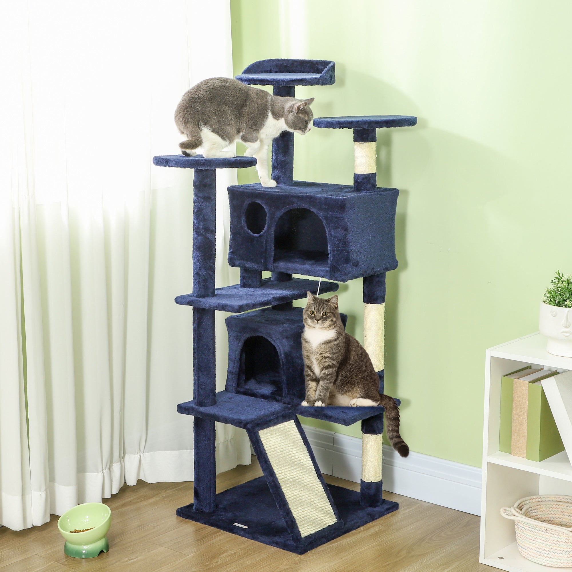 PawHut 54" Cat Tree, Cat Tower for Indoor Cats with Scratching Posts, Cat Condos, Bed, Platforms, Ramp, Toy Ball, Cat Activity Center, Dark Blue