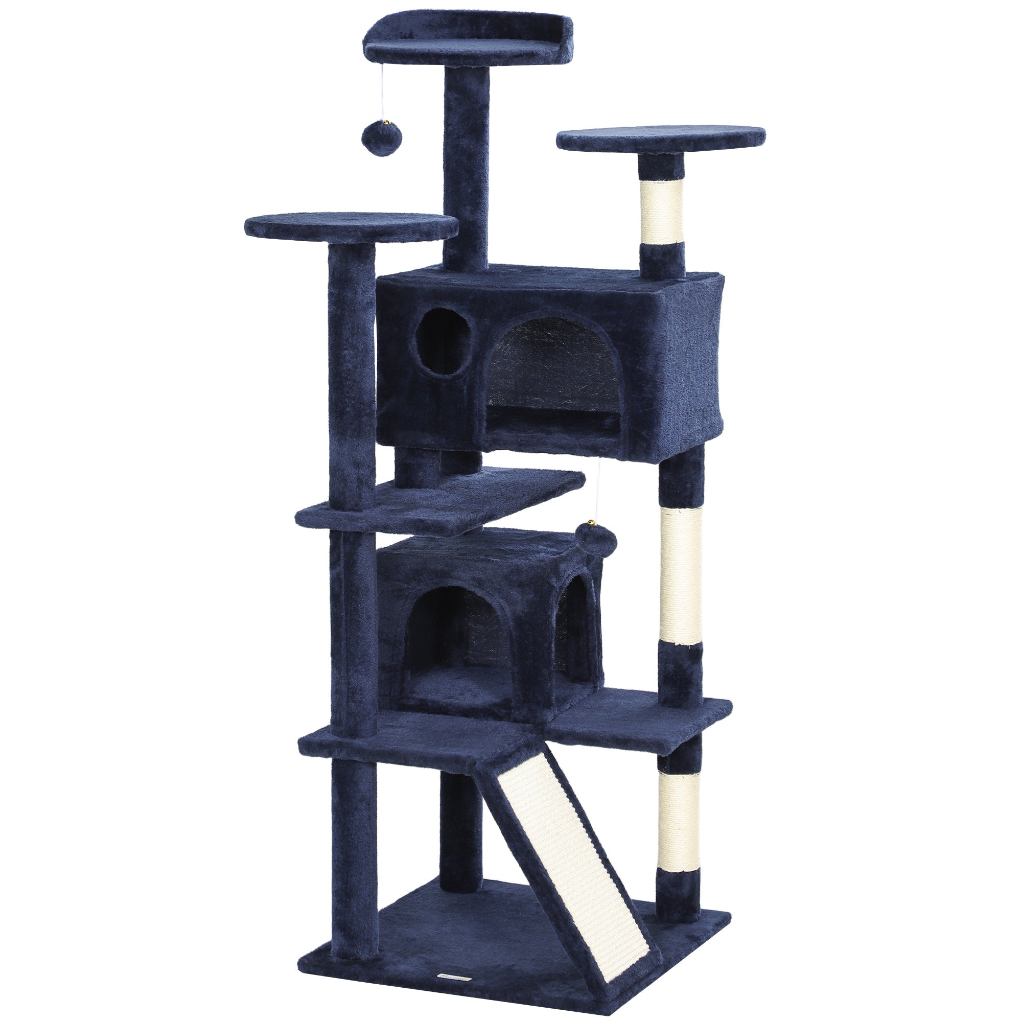 PawHut 54" Cat Tree, Cat Tower for Indoor Cats with Scratching Posts, Cat Condos, Bed, Platforms, Ramp, Toy Ball, Cat Activity Center, Dark Blue
