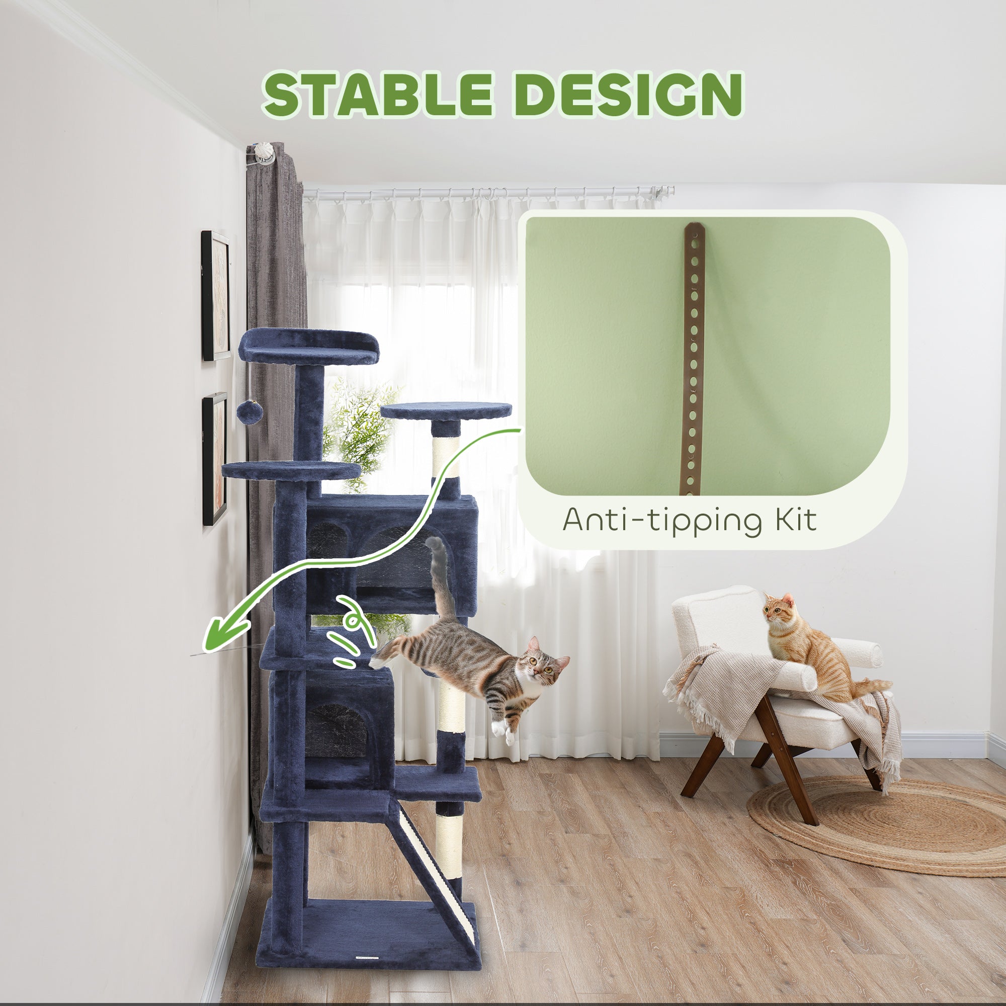 PawHut 54" Cat Tree, Cat Tower for Indoor Cats with Scratching Posts, Cat Condos, Bed, Platforms, Ramp, Toy Ball, Cat Activity Center, Dark Blue