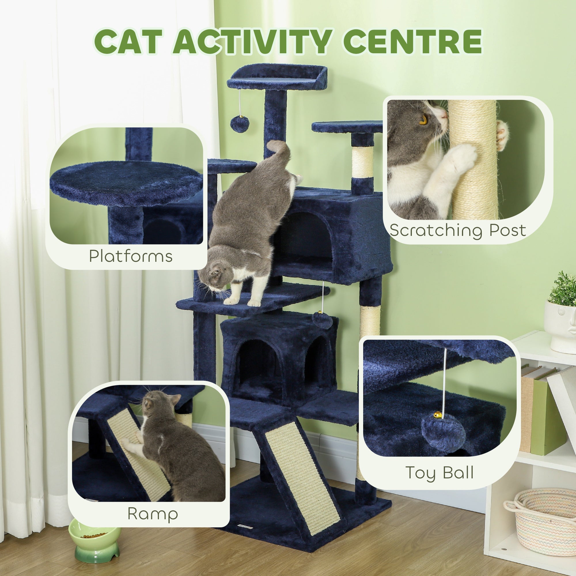 PawHut 54" Cat Tree, Cat Tower for Indoor Cats with Scratching Posts, Cat Condos, Bed, Platforms, Ramp, Toy Ball, Cat Activity Center, Dark Blue