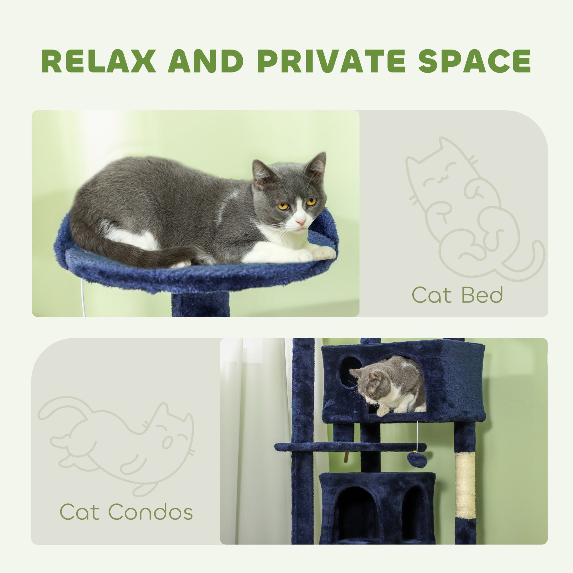 PawHut 54" Cat Tree, Cat Tower for Indoor Cats with Scratching Posts, Cat Condos, Bed, Platforms, Ramp, Toy Ball, Cat Activity Center, Dark Blue