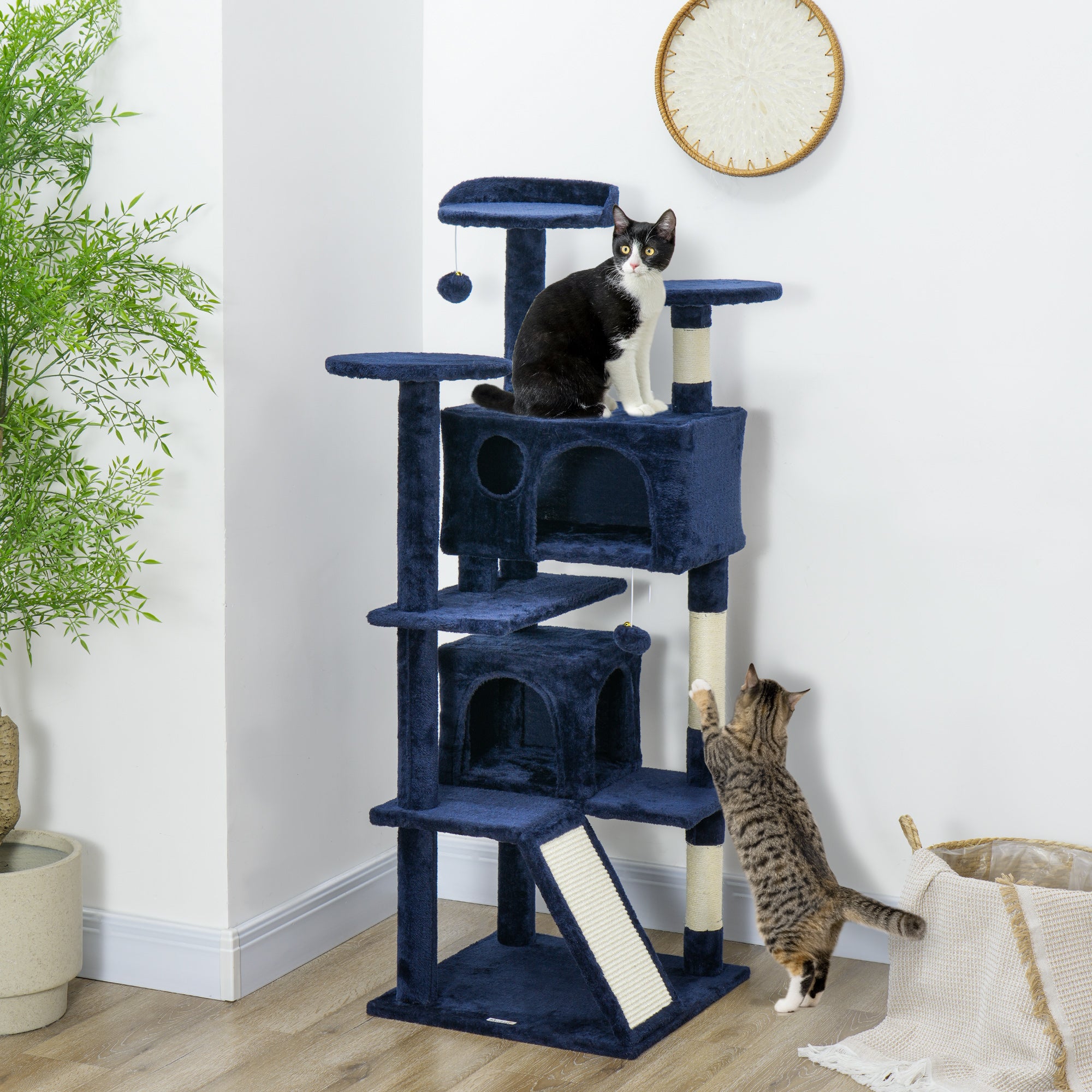 PawHut 54" Cat Tree, Cat Tower for Indoor Cats with Scratching Posts, Cat Condos, Bed, Platforms, Ramp, Toy Ball, Cat Activity Center, Dark Blue