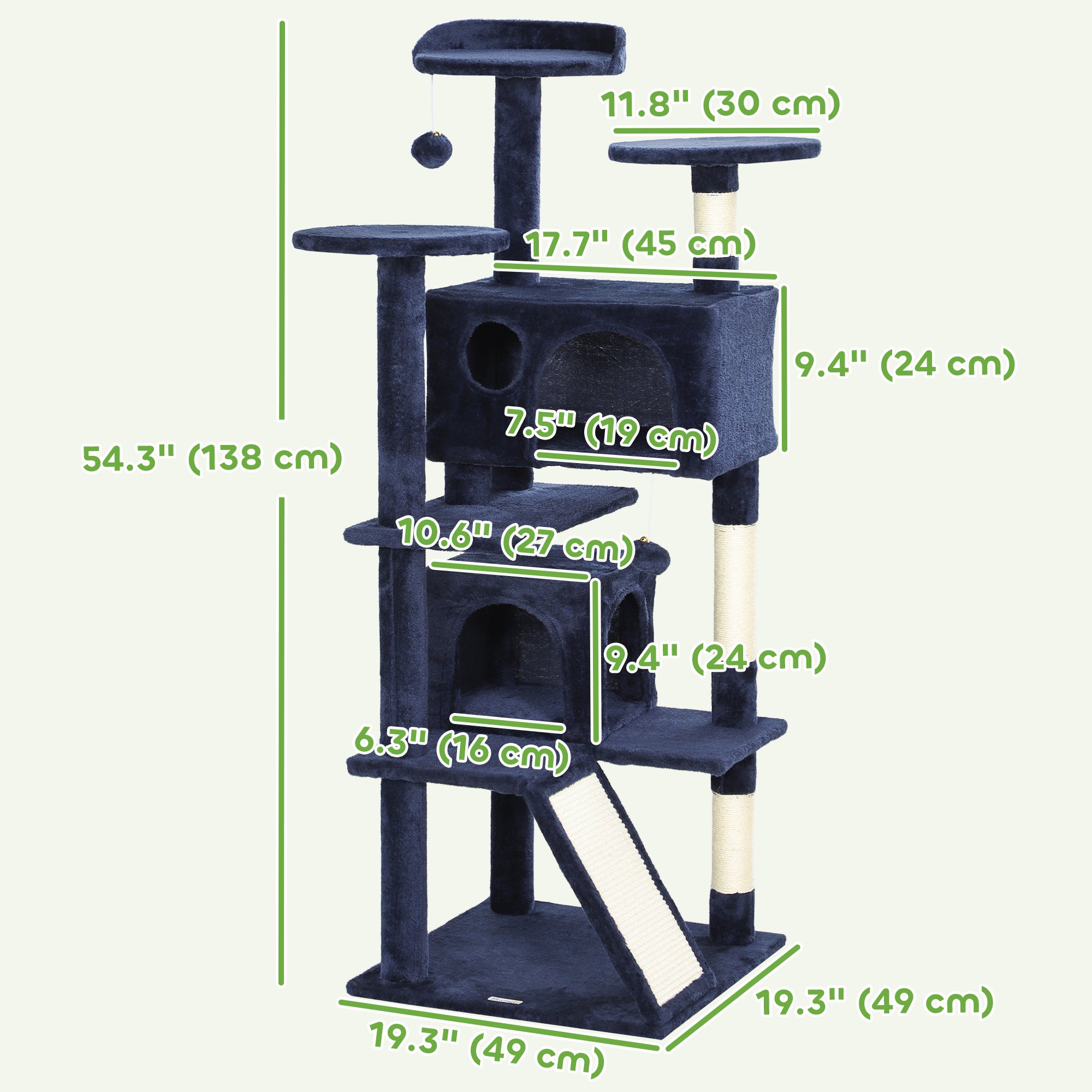 PawHut 54" Cat Tree, Cat Tower for Indoor Cats with Scratching Posts, Cat Condos, Bed, Platforms, Ramp, Toy Ball, Cat Activity Center, Dark Blue