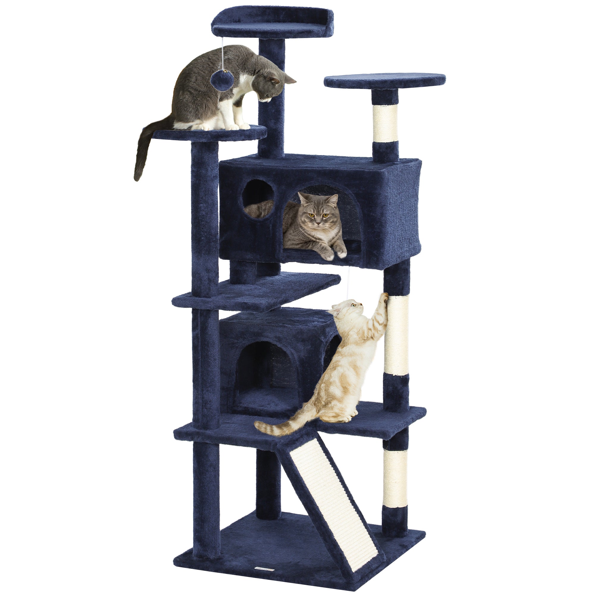 PawHut 54" Cat Tree, Cat Tower for Indoor Cats with Scratching Posts, Cat Condos, Bed, Platforms, Ramp, Toy Ball, Cat Activity Center, Dark Blue