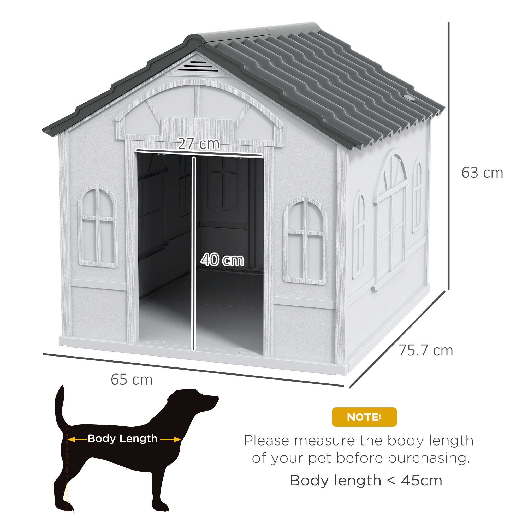 PawHut Plastic Dog House Outdoor Indoor, Weather-Resistant Dog Kennel, with Large Opening, for Medium Dogs, 65 x 75.7 x 63cm - Grey