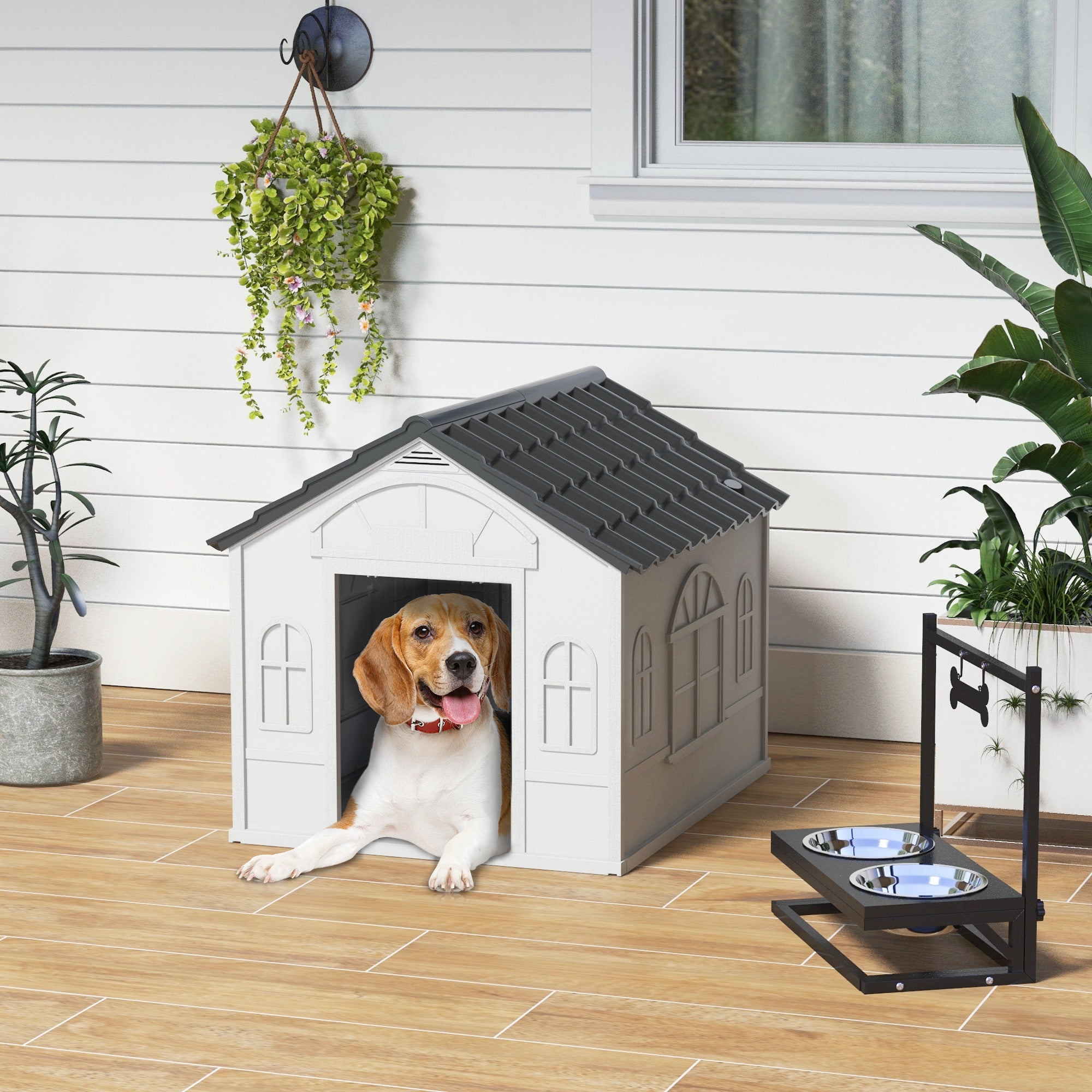 PawHut Plastic Dog House Outdoor Indoor, Weather-Resistant Dog Kennel, with Large Opening, for Medium Dogs, 65 x 75.7 x 63cm - Grey