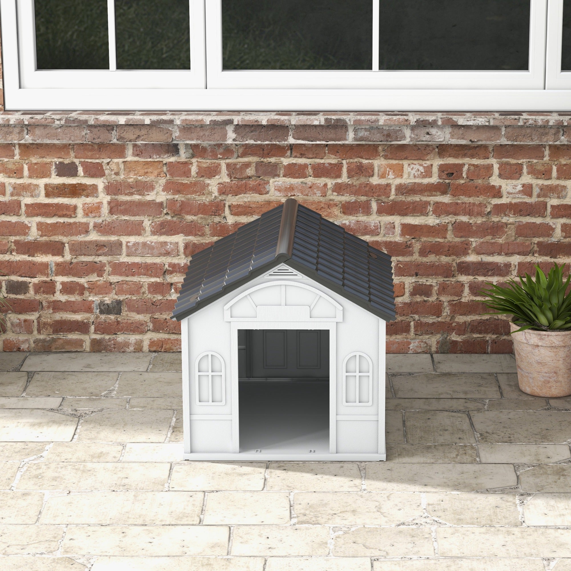 PawHut Plastic Dog House Outdoor Indoor, Weather-Resistant Dog Kennel, with Large Opening, for Medium Dogs, 65 x 75.7 x 63cm - Grey