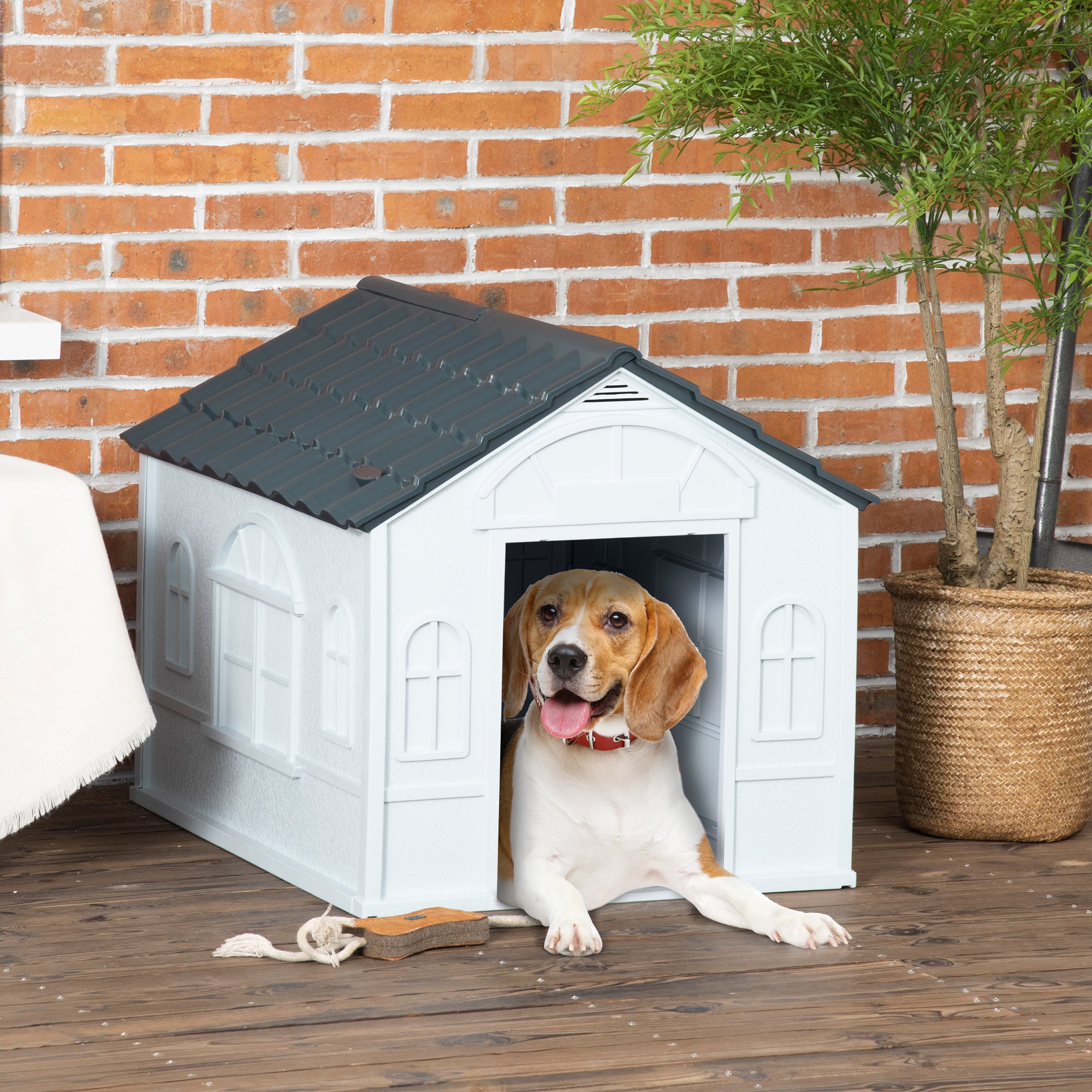 PawHut Plastic Dog House Outdoor Indoor, Weather-Resistant Dog Kennel, with Large Opening, for Medium Dogs, 65 x 75.7 x 63cm - Grey