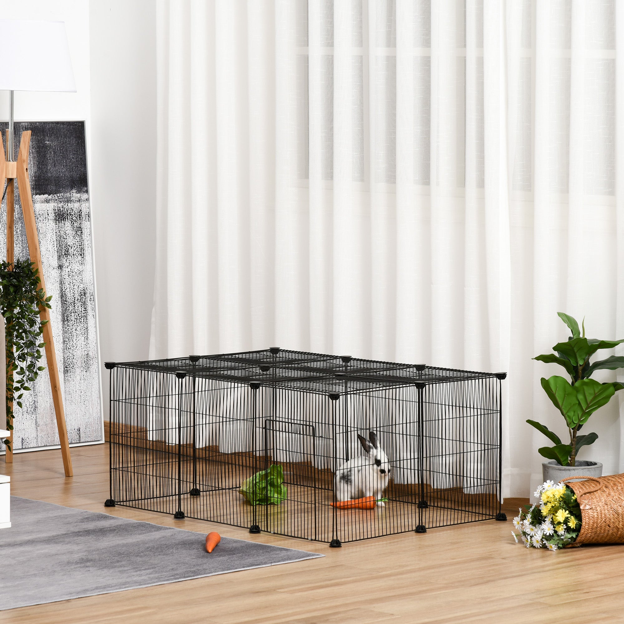 PawHut Pet Playpen Small Animal Cage, 16 Panels, Portable Metal Wire Fence with Door for Bunny, Guinea Pig, Chinchilla, Hedgehog, Each Panel Size 14
