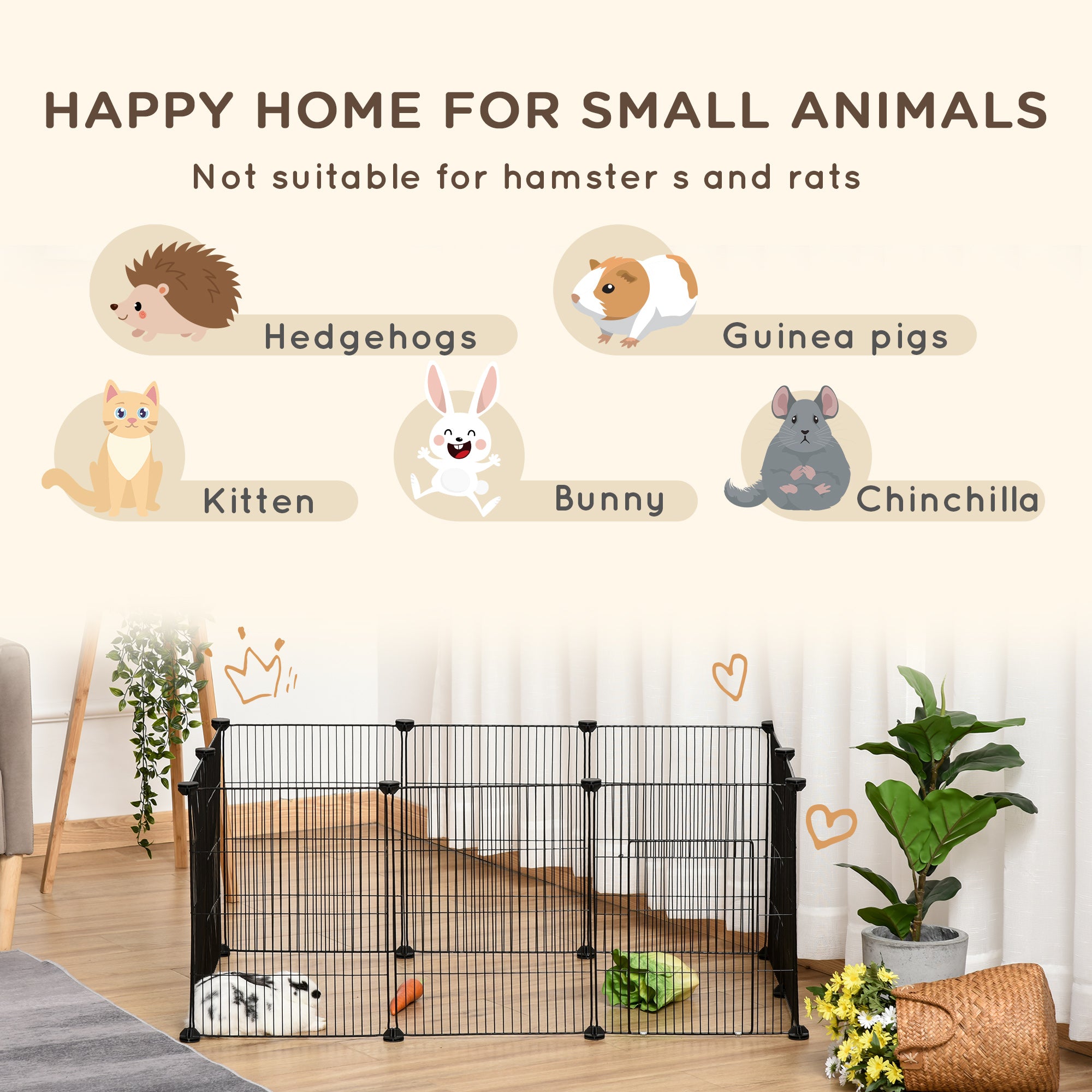PawHut Pet Playpen Small Animal Cage, 16 Panels, Portable Metal Wire Fence with Door for Bunny, Guinea Pig, Chinchilla, Hedgehog, Each Panel Size 14