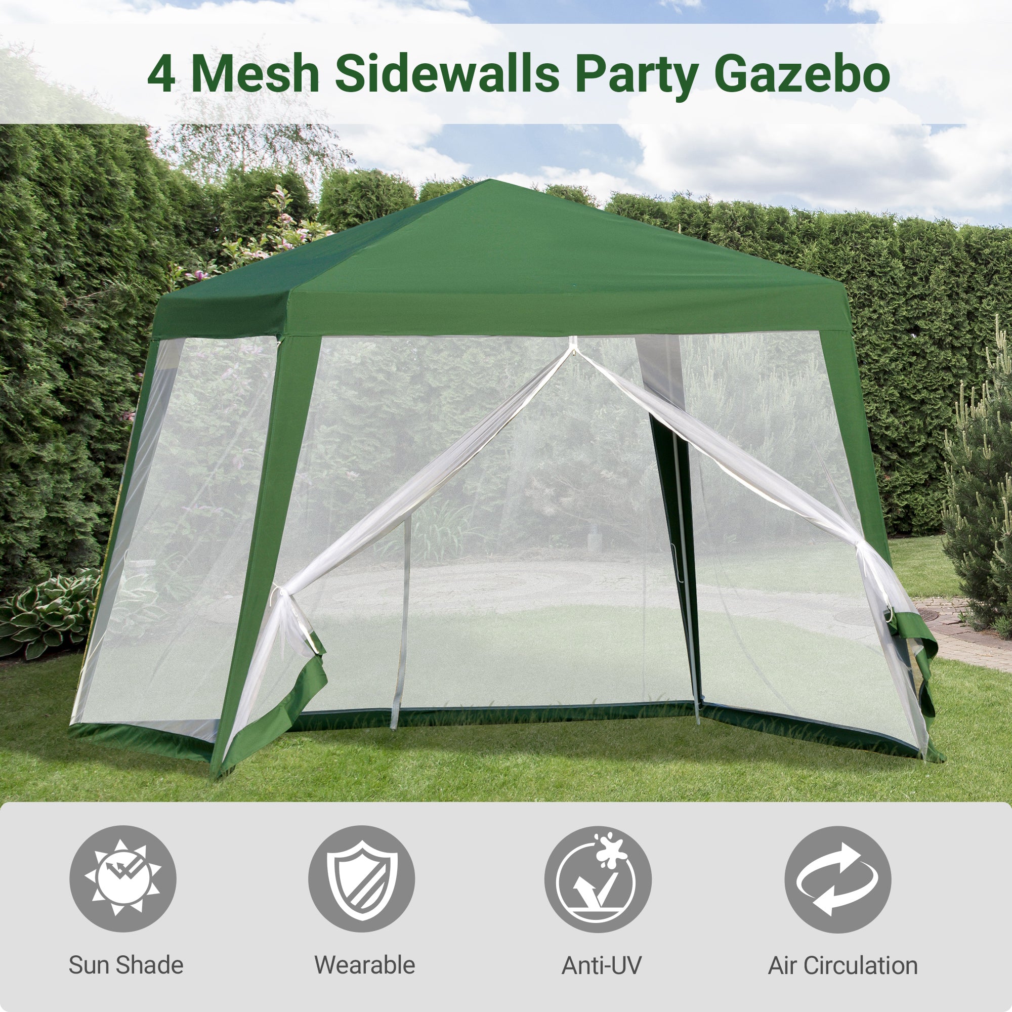 Outsunny 10x10ft Party Tent Canopy with Netting, Patio Screen House Slant Leg Outdoor Gazebo Sun Shade Shelter, Green