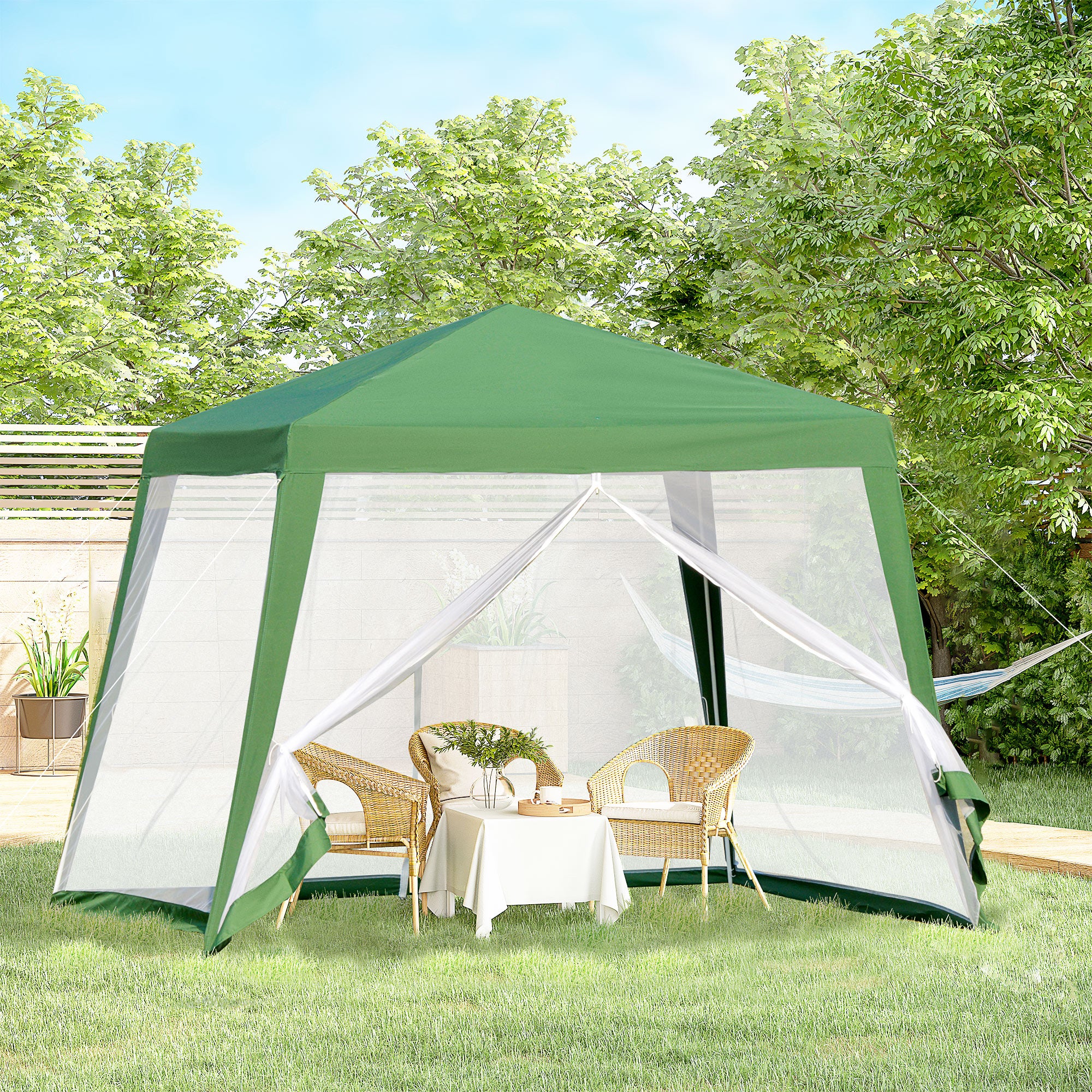 Outsunny 10x10ft Party Tent Canopy with Netting, Patio Screen House Slant Leg Outdoor Gazebo Sun Shade Shelter, Green