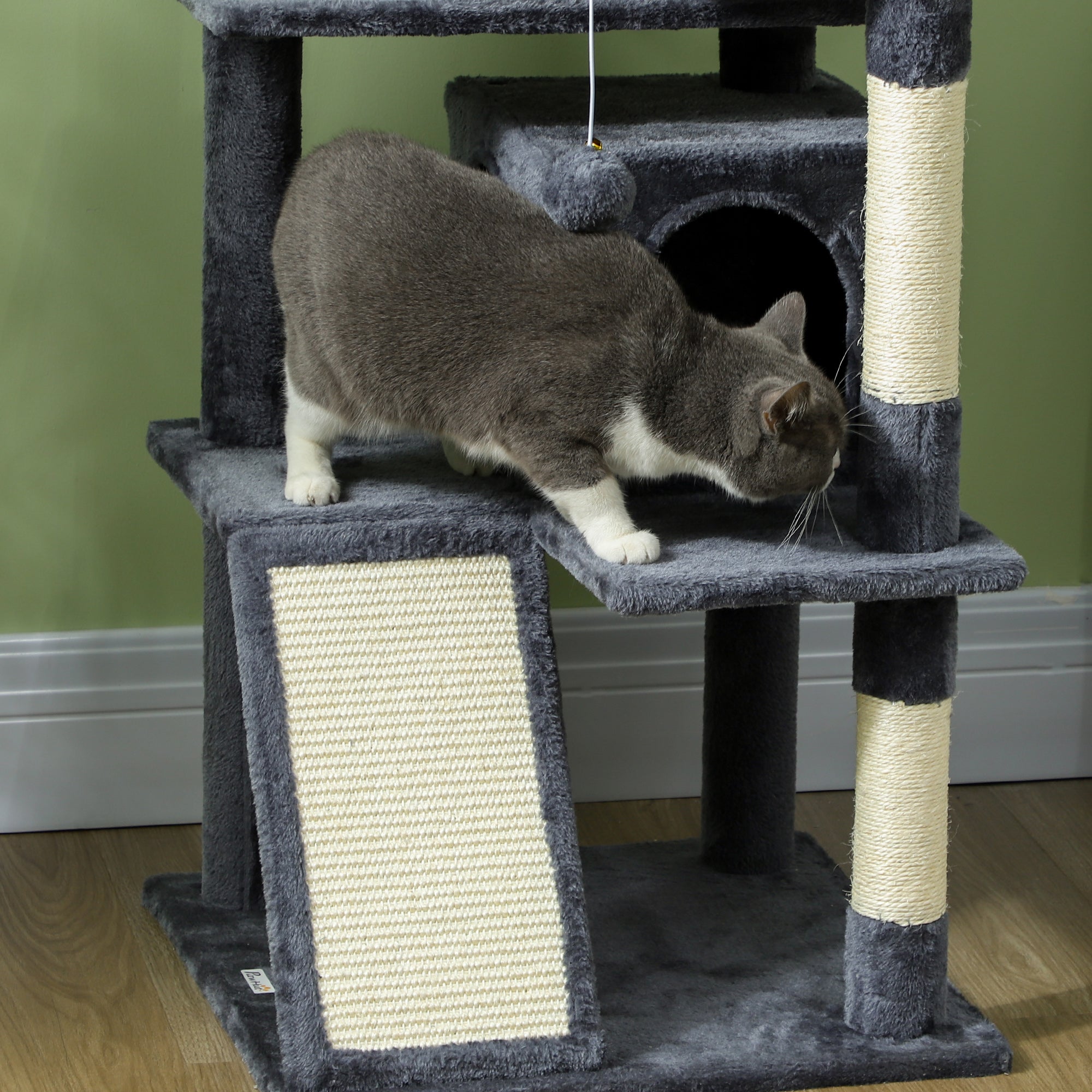 PawHut 54" Cat Tree, Cat Tower for Indoor Cats with Scratching Posts, Cat Condos, Bed, Platforms, Ramp, Toy Ball, Cat Activity Center, Dark Grey