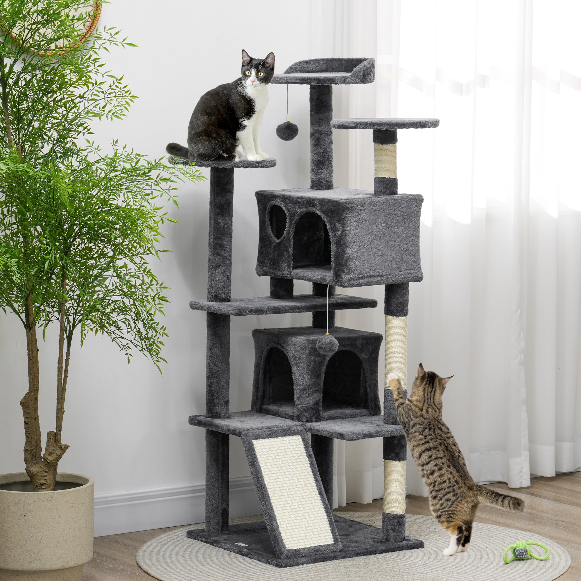PawHut 54" Cat Tree, Cat Tower for Indoor Cats with Scratching Posts, Cat Condos, Bed, Platforms, Ramp, Toy Ball, Cat Activity Center, Dark Grey