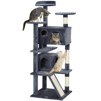 PawHut 54" Cat Tree, Cat Tower for Indoor Cats with Scratching Posts, Cat Condos, Bed, Platforms, Ramp, Toy Ball, Cat Activity Center, Dark Grey