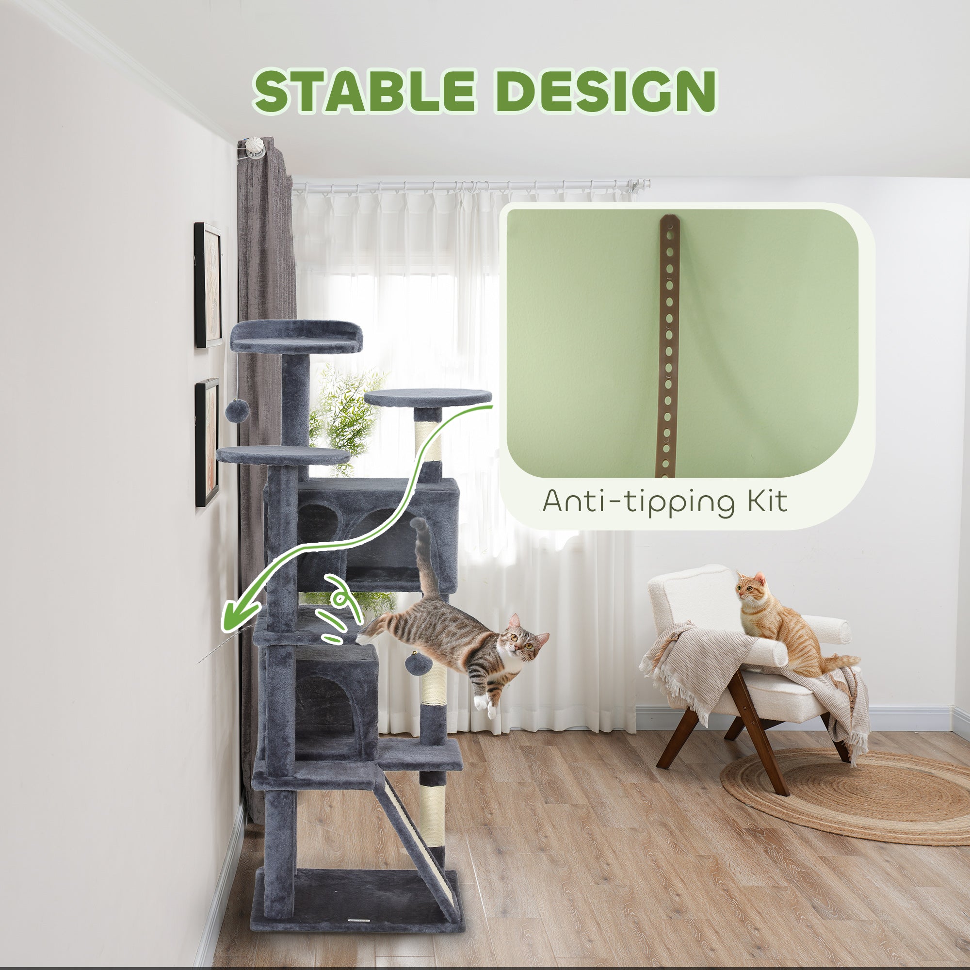 PawHut 54" Cat Tree, Cat Tower for Indoor Cats with Scratching Posts, Cat Condos, Bed, Platforms, Ramp, Toy Ball, Cat Activity Center, Dark Grey