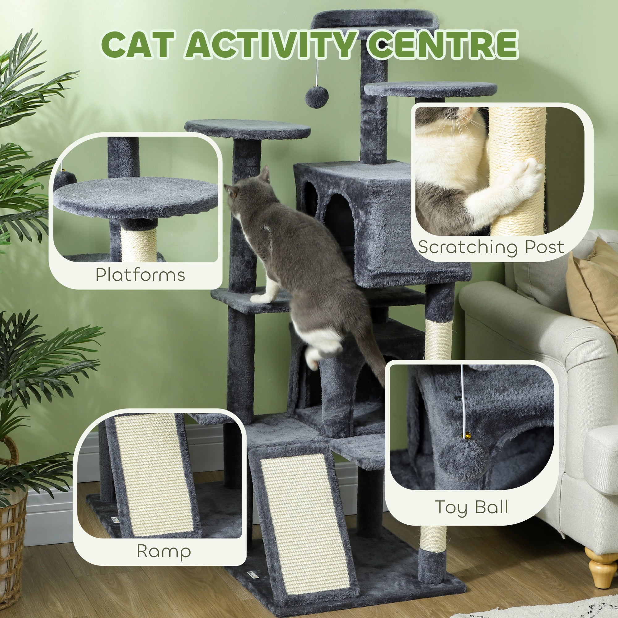 PawHut 54" Cat Tree, Cat Tower for Indoor Cats with Scratching Posts, Cat Condos, Bed, Platforms, Ramp, Toy Ball, Cat Activity Center, Dark Grey