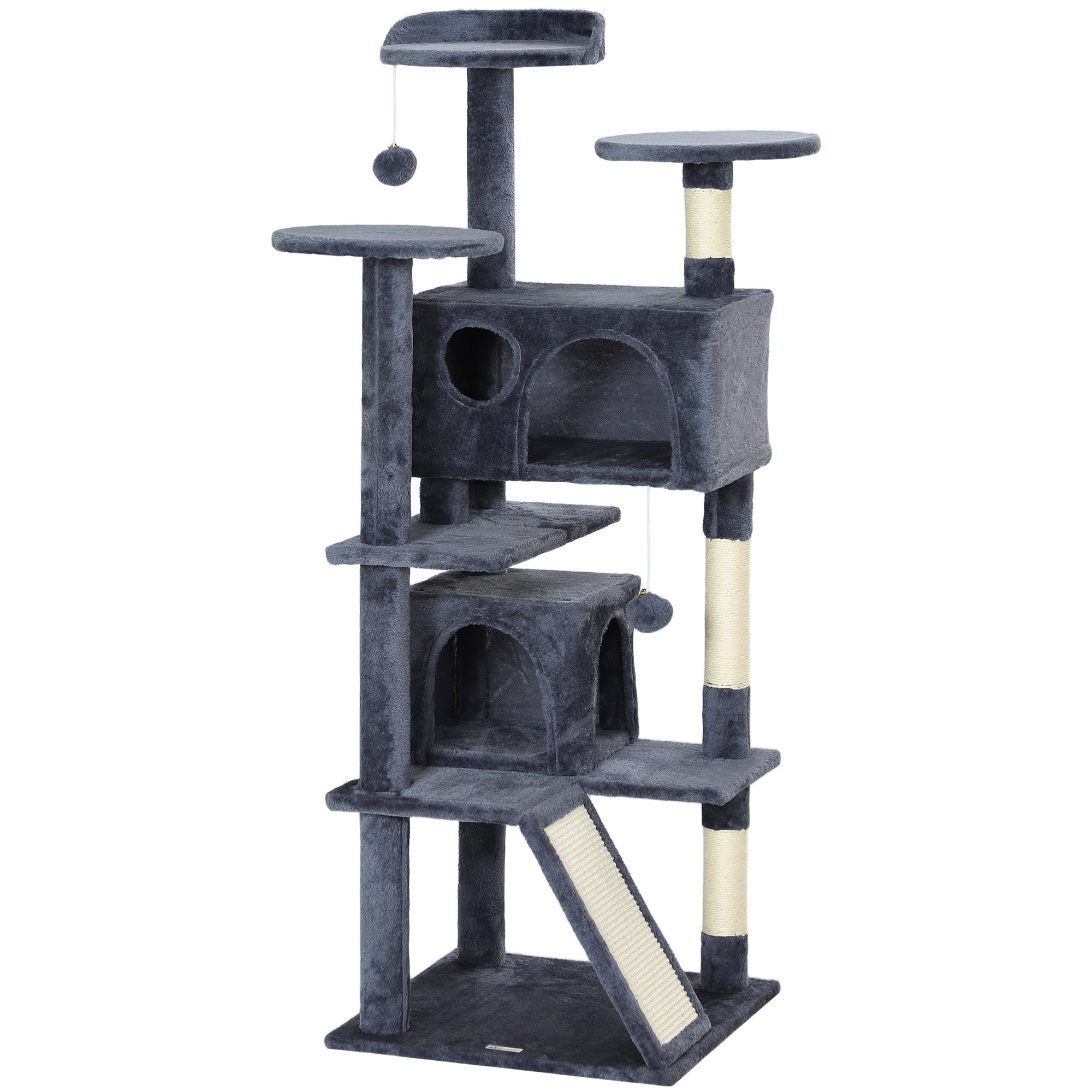 PawHut 54" Cat Tree, Cat Tower for Indoor Cats with Scratching Posts, Cat Condos, Bed, Platforms, Ramp, Toy Ball, Cat Activity Center, Dark Grey